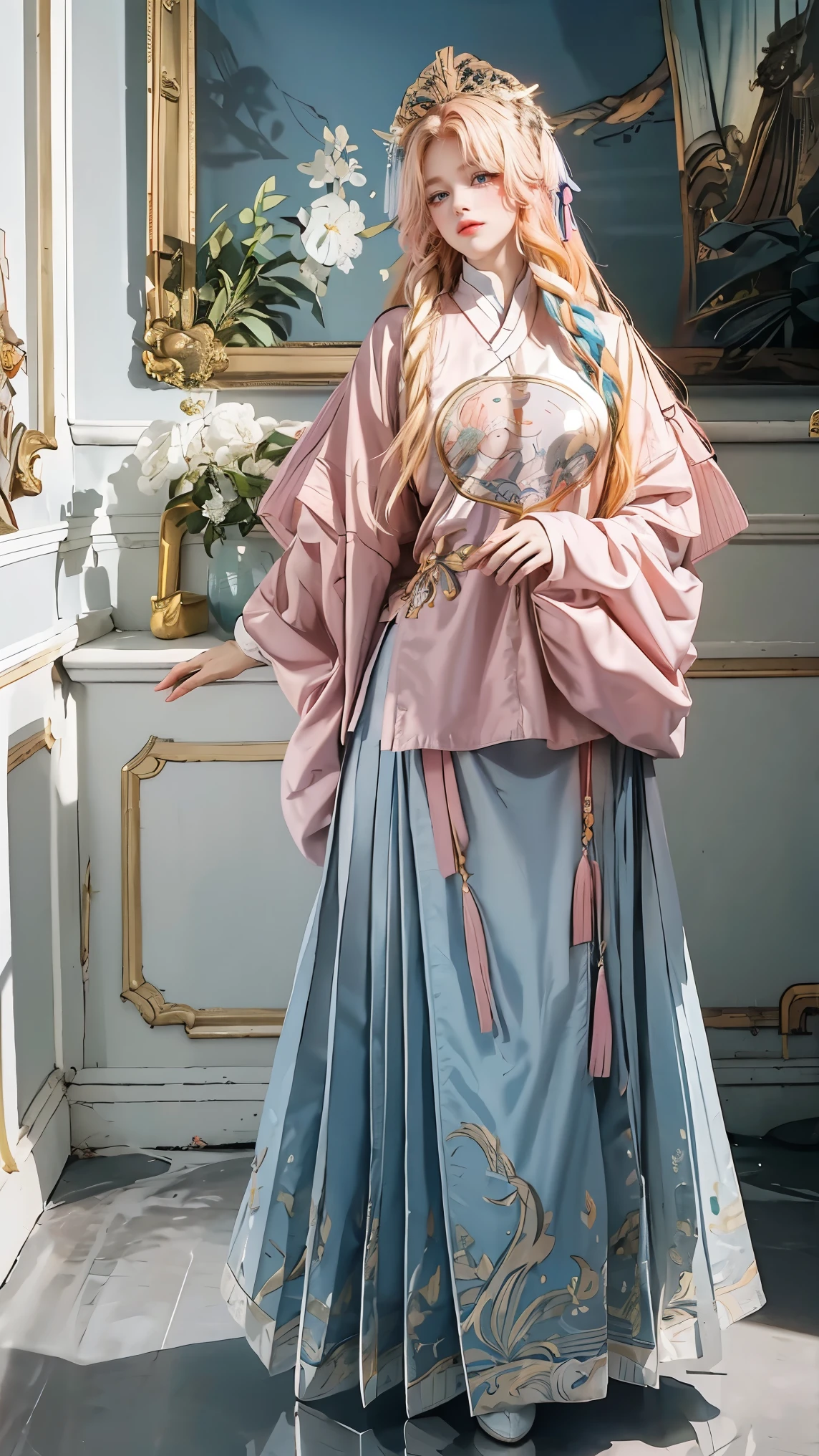 Best quality, masterpiece, ultra high res, raw photo, beautiful and aesthetic, deep shadow, fairy theme,(ultra detailed:1.3),
1girl, standing pose, headdress, drill hair, long hair, blonde hair, gradient hair, yellow eyes, solo, huge breasts, big hair, blue hair, divine goddess, looking at viewer, indoors, modern bedroom, room full of curtain, astraea, full body, (pink chinese shirt),(white chinese long skirt), cowboy shot,