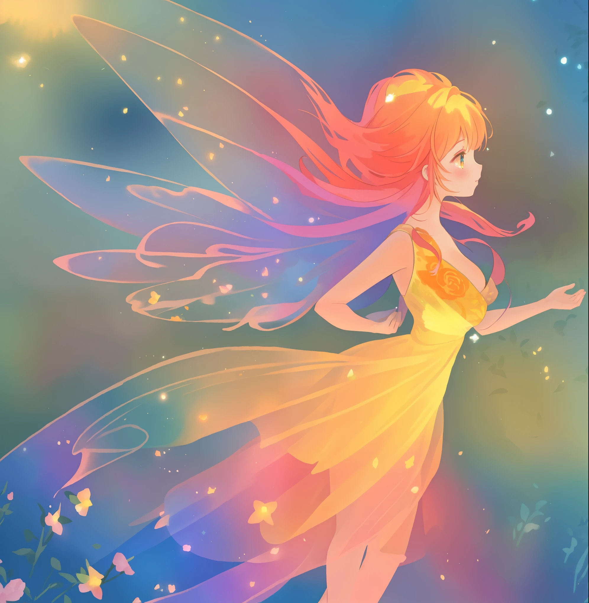 beautiful fairy girl in a sparkling layered dress, long flowing pink peach red hair, (large sparkling colorful fairy wings on her back), colorful fantasia background, flowers meadow, watercolor illustration, disney art style, glowing aura around her, glowing lights, beautiful digital illustration, fantasia otherworldly landscape plants flowers, beautiful, masterpiece, best quality, anime disney style, beautiful face, golden ratio