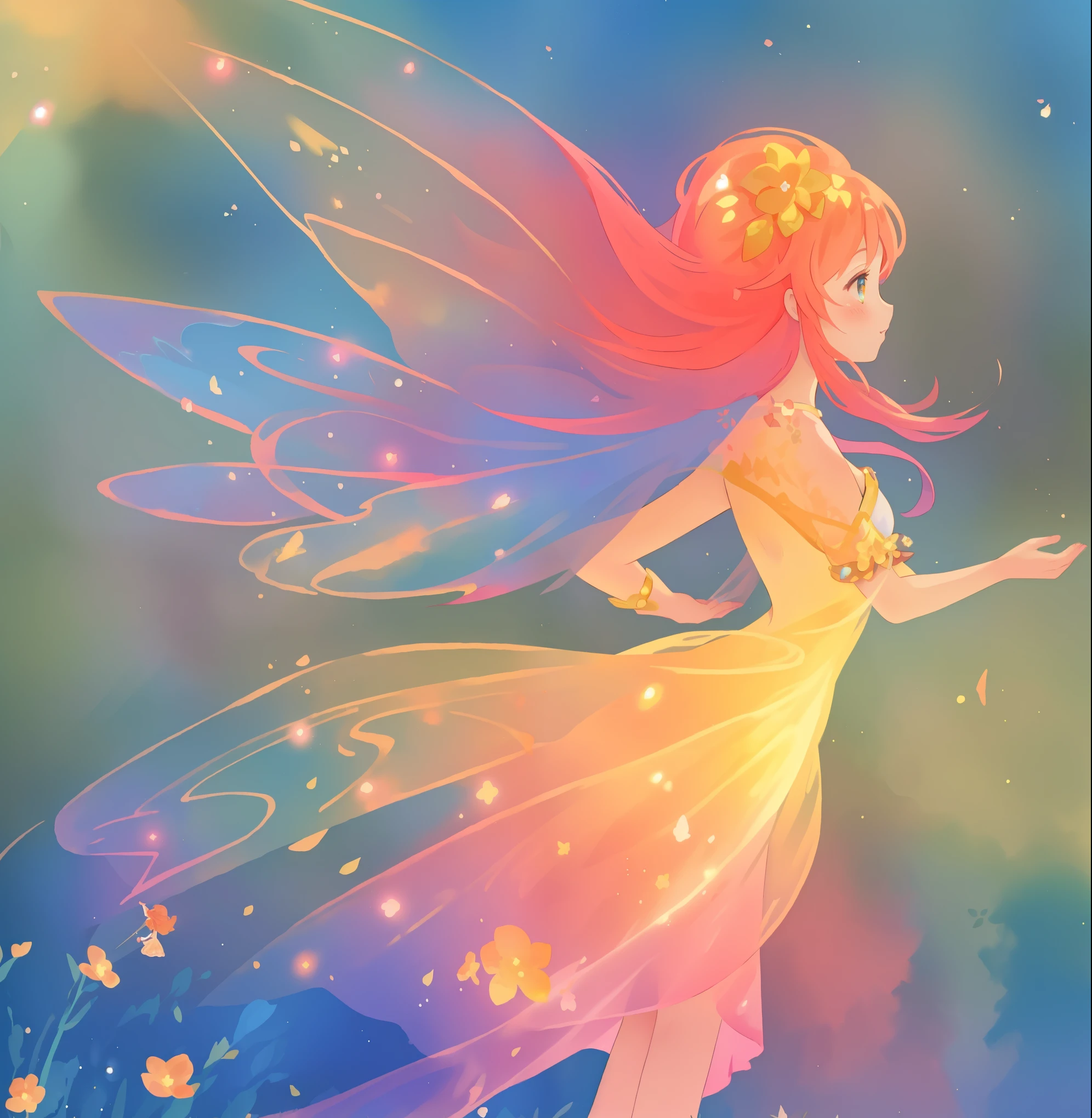 beautiful fairy girl in a sparkling layered dress, long flowing pink peach red hair, (large sparkling colorful fairy wings on her back), colorful fantasia background, flowers meadow, watercolor illustration, disney art style, glowing aura around her, glowing lights, beautiful digital illustration, fantasia otherworldly landscape plants flowers, beautiful, masterpiece, best quality, anime disney style, beautiful face, golden ratio