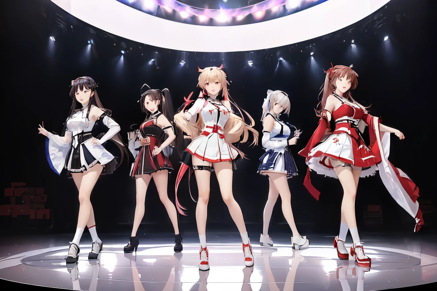 a group of anime girls in short skirts and red and white dresses, characters from azur lane, from the azur lane videogame, azur lane style, girls frontline cg, girls frontline style, trending on cgstation, kantai collection style, hololive, girls frontline universe, from girls frontline, waifu, idolmaster, trending at cgstation