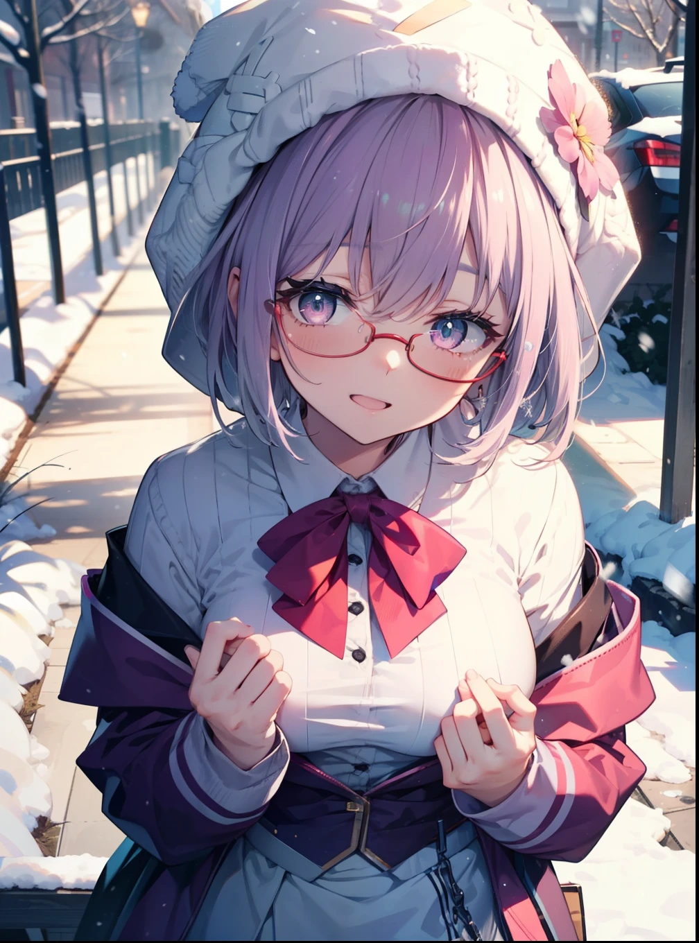 akaneshinjou, shinjou akane, Light purple hair, (Pink Eyes:1.2), short hair,Akagi glasses,hair band,,White Breath,Big Breasts,Purple Coat,White Sweater,happy smile, smile, Open your mouth,Black long skirt,Red muffler,Knitted hat,Daytime,cloudy,snow,snowが降り積もっている,whole bodyがイラストに入るように,Looking down from above,
 break looking at viewer,whole body,               　　　　　　　 break outdoors 森, nature, 　　　　　　　　　　　break (masterpiece:1.2), highest quality, High resolution, unity 8k wallpaper, (shape:0.8), (Beautiful and beautiful eyes:1.6), Highly detailed face, Perfect lighting, Highly detailed CG, (Perfect hands, Perfect Anatomy),