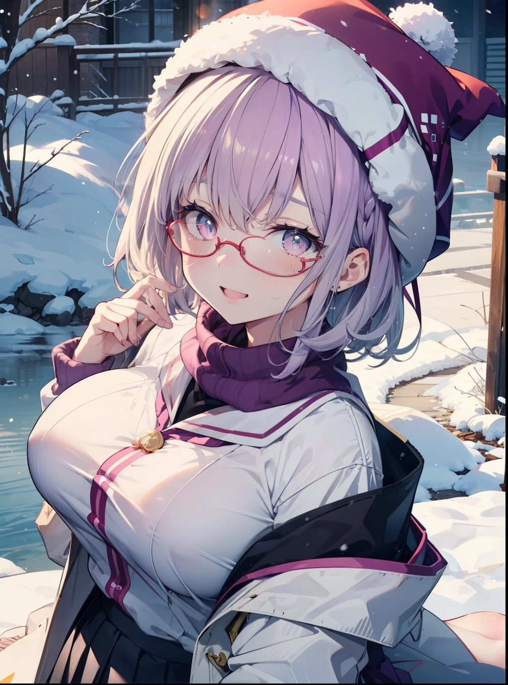 akaneshinjou, shinjou akane, Light purple hair, (Pink Eyes:1.2), short hair,Akagi glasses,hair band,,White Breath,Big Breasts,Purple Coat,White Sweater,happy smile, smile, Open your mouth,Black long skirt,Red muffler,Knitted hat,Daytime,cloudy,snow,snowが降り積もっている,whole bodyがイラストに入るように,Looking down from above,
break looking at viewer,whole body, break outdoors 森, nature, break (masterpiece:1.2), highest quality, High resolution, unity 8k wallpaper, (shape:0.8), (Beautiful and beautiful eyes:1.6), Highly detailed face, Perfect lighting, Highly detailed CG, (Perfect hands, Perfect Anatomy),