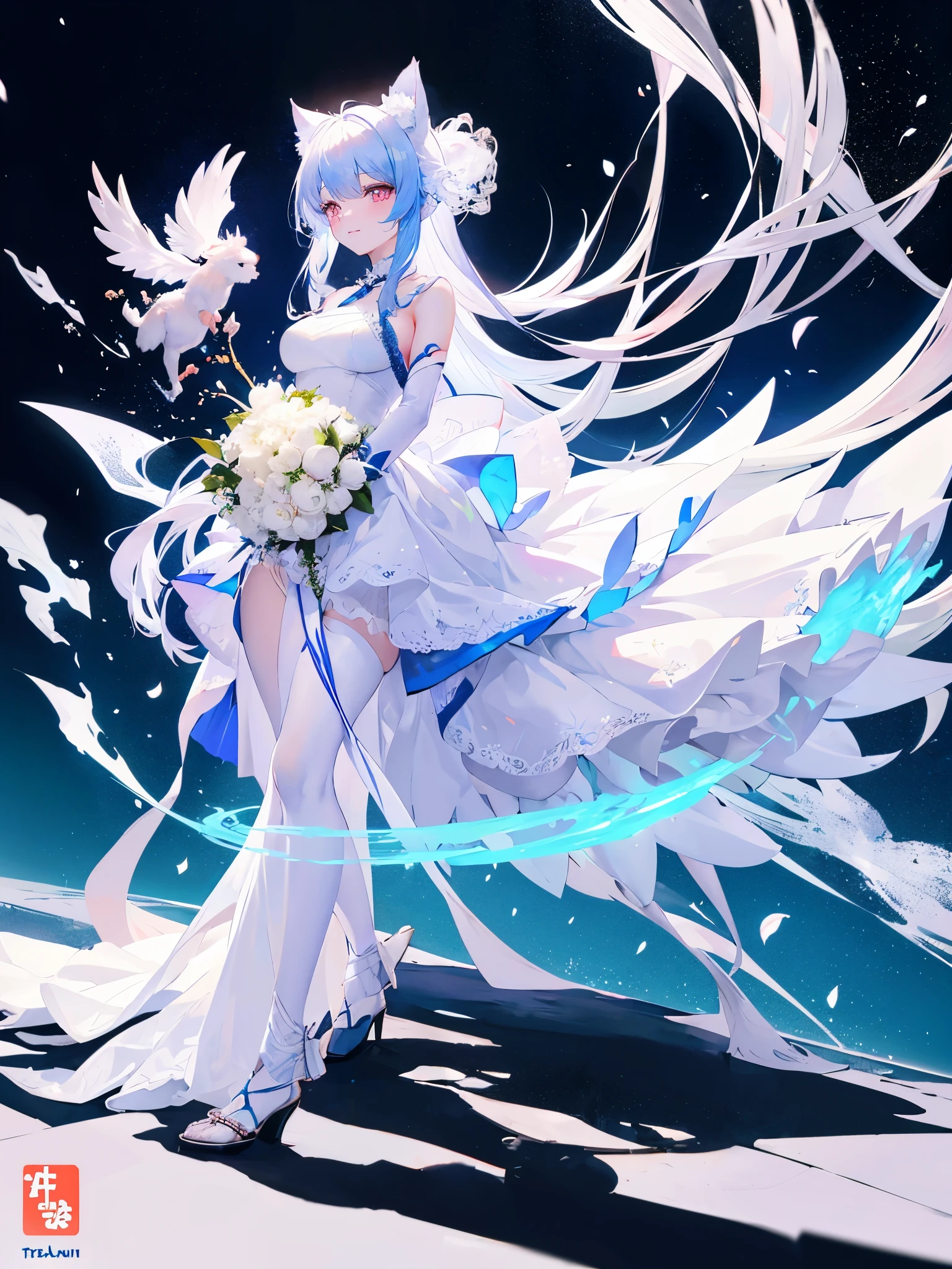 anime girl in white dress with blue hair and a cat tail and holding a bouquet of flowers in front of wedding podium, sakimichan, ecchi, 8k!!, 8k)), Beasts, konachan, Middle metaverse, ❤🔥🍄🌪, lolish, hololive, 8k!, tachisme, waifu, holo if a wolf girl, full body wedding dress, holo is a wolf girl, kitsune inspired armor, character adoptable, full body xianxia, white - haired fox, lunar themed attire, fullbody commission for, hestia, anime goddess, female anthropomorphic wolf, in the plains looking back with a Beautiful smile
