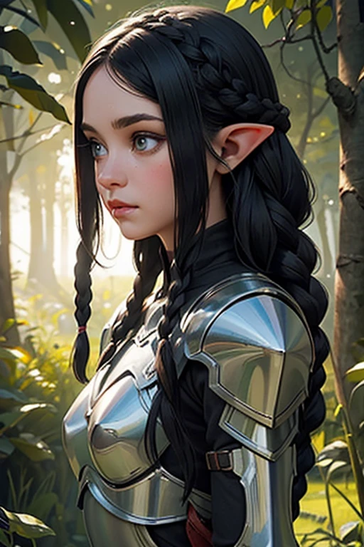 1 elf female,long silky black hair in braids,orelhas pontudas,olhos azuis, thin lips,rosto redondo,seios enormes, quadris largos,wearing light elven battle armor .estilo coquete e melindrosa ,sentada sentada em uma grande poltrona rustica imponente observando atenta o espectador