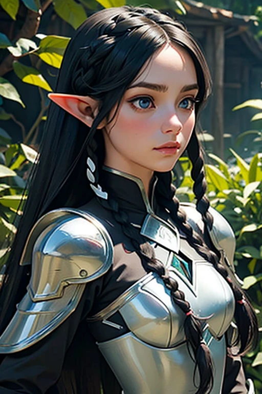1 elf female,long silky black hair in braids,orelhas pontudas,olhos azuis, thin lips,rosto redondo,seios enormes, quadris largos,wearing light elven battle armor .estilo coquete e melindrosa ,sentada sentada em uma grande poltrona rustica imponente observando atenta o espectador