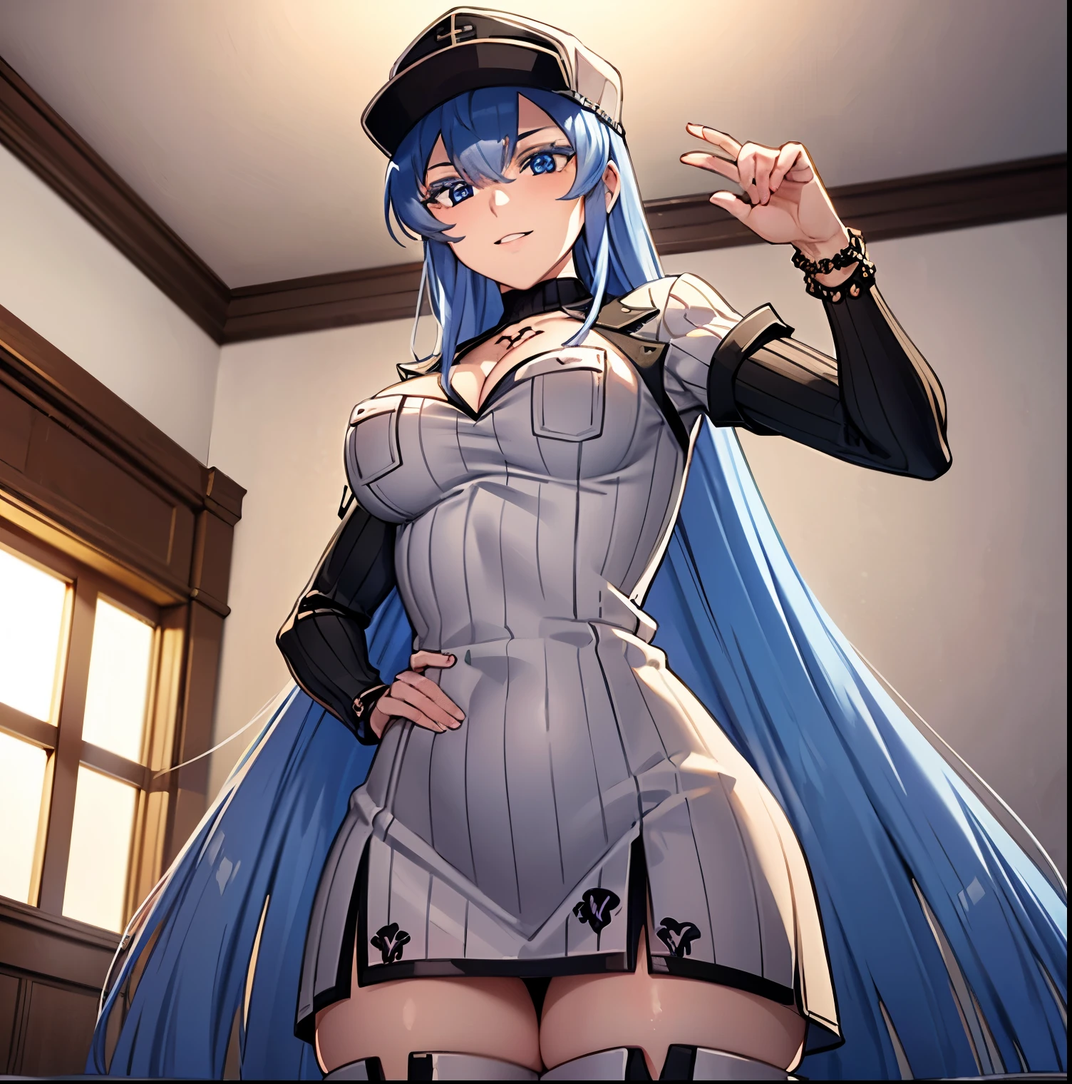 1 girl, alone, esdeath, blue eyes, blue hair, long hair, smile, choker, bracelet, cap with visor, (white ribbed dress: 1.4), bare back, bare legs, black boots, tattoo on chest, interior, bedroom, bed, looking at viewer, head on, point of view (from below), (cowboy photo: 1.5), (masterpiece: 1.2), best quality, high resolution, unity 8k wallpaper, sexy body, breasts large, medium waist, wide hips, medium thighs, round butt, (illustration: 0.8), (beautiful detailed eyes: 1.6), extremely detailed face, perfect lighting, extremely detailed CG (perfect hands, perfect anatomy),