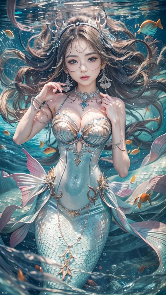 (RAW shooting, 32k, highest quality, masterpiece, Ultra-high resolution), (Under the sea at night:1.0, moonlight:0.7, Mysterious underwater world:1.3, Expressions of sadness:1.0), Fractal Art:1.2, Perfect dynamic composition:1.2, Very detailedな肌と顔の質感:1.2, (Viewing the subject from a distance:1.3, Dynamic flow of water waves:1.0, Slim mermaid figure:1.0, Shimmering Scales, Mermaid tail), Fair skin, Incredibly slim body:1.0, Very beautiful face, Water droplets on the skin, Very detailed, Gorgeous silver shiny dress portrait:0.5, Big eyes that exude beauty, Beautiful big lips, Elegant and refined, Unreal atmosphere, necklace, Earrings, bracelet, Rich underwater vegetation, Beautiful shell and coral decoration, Contrast of Marine Life