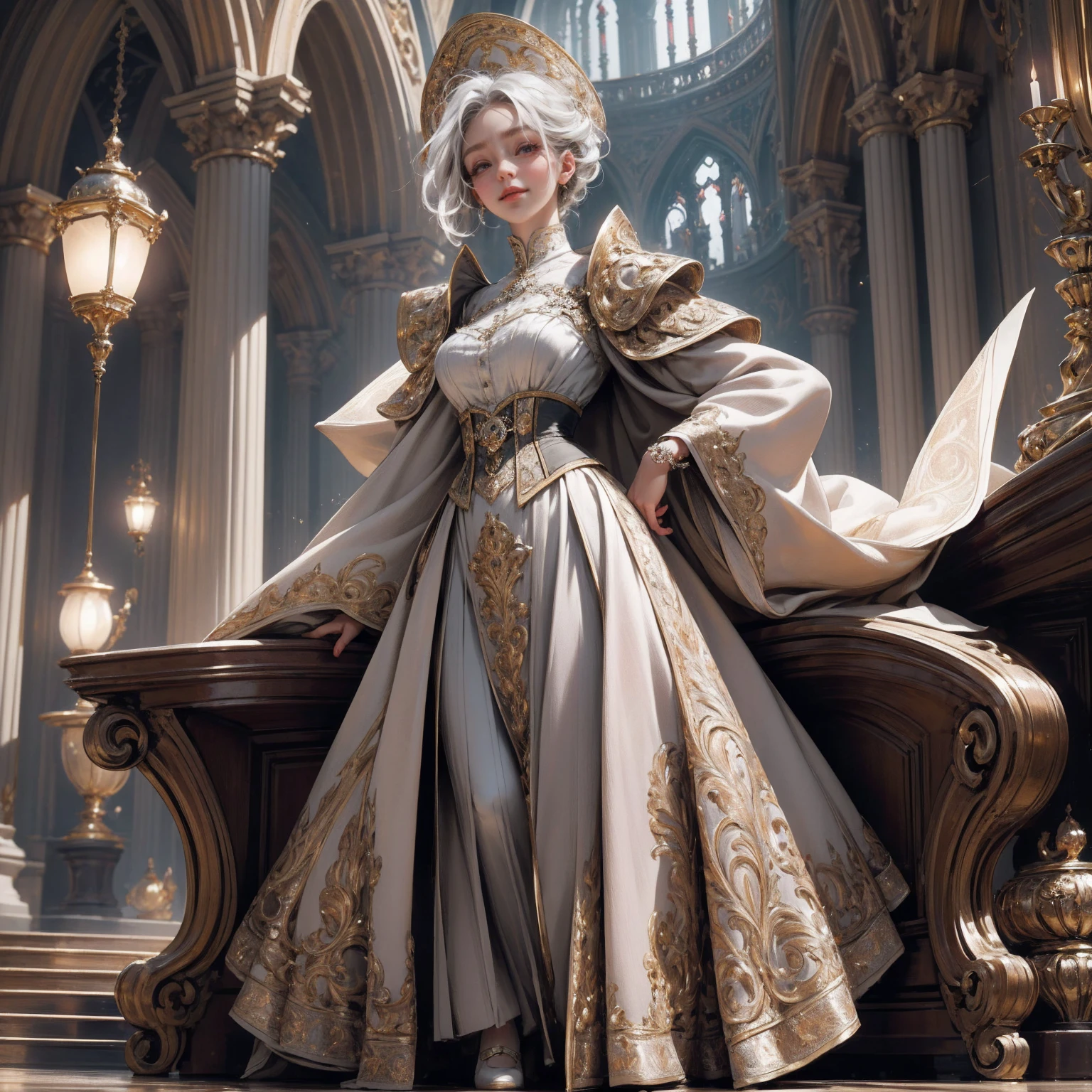{ - anatomy error}(Masterpiece - Ultra-detailed, very high resolution) Prepare to be enchanted by a true masterpiece that combines ultra-detailed art with high-resolution rendering. This work depicts a mesmerizing woman with short white hair (1.3) and captivating gray eyes (1.2), emanating an aura of elegance and mystery in Victorian settings. The intricate details and realistic textures invite you to explore every aspect of this enchanting composition. Woman wearing beautiful classic Victorian costume from the year 1878. Red lips. Happy face. Smiling. light brown (gold) dress. Walking, writing, lying down, standing, on your back, dynamic poses., upper body. dynamic poses. Get ready to dive into a world where beauty and craftsmanship merge perfectly.