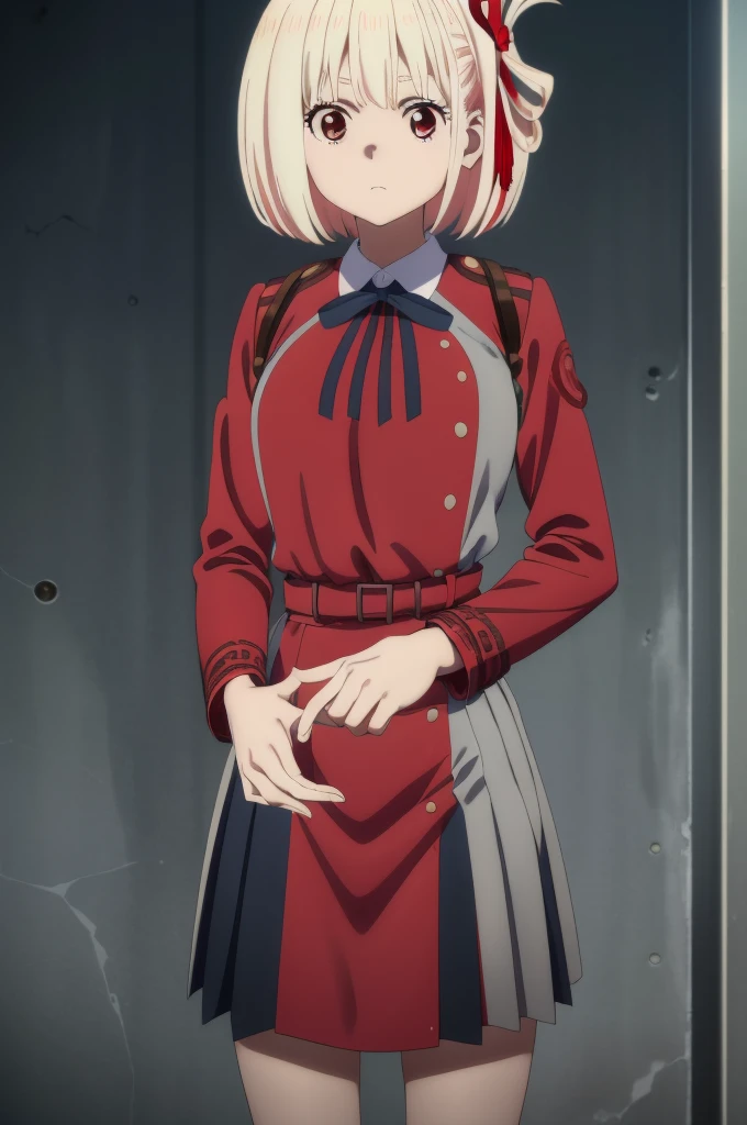 Standing in front of the viewer、chisatonishikigi, nishikigi chisato, short hair, bangs, Blonde Hair, (Red eyes:1.5), hair ribbon, One side up, Bobcut,Black knee-high socks、Black coin loafers、
break shirt, Long sleeve, dress, ribbon, White shirt, Collared shirt, belt, neck ribbon, red dress, blue ribbon, pleated dress, grey dress, two-tone dress, red belt, Uniform sake,,
break outdoors, city,
break looking at viewer, break (masterpiece:1.2), highest quality, High resolution, unity 8k wallpaper, (figure:0.8), (Beautiful fine details:1.6), Highly detailed face, Perfect lighting, Highly detailed CG, (Perfect hands, Perfect Anatomy),