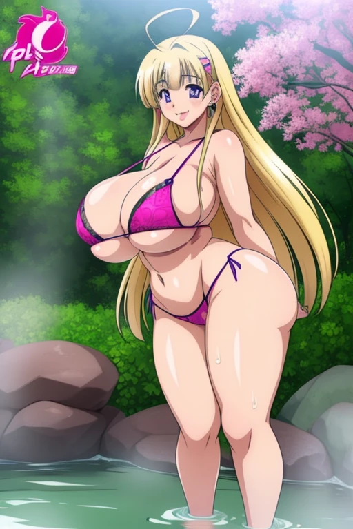 Akeno Himejima, 1girl, (((bimbo))), long blond gray hair, purple eyes, ear rings, (((bimbo))), puffy lips, painted lips, thick lips, smile face, wide hips, thick thighs, tight pink bikini, huge round ass, huge natural Hitomi Tanaka breasts, fishnet, full body, in the hot spring, pull bra