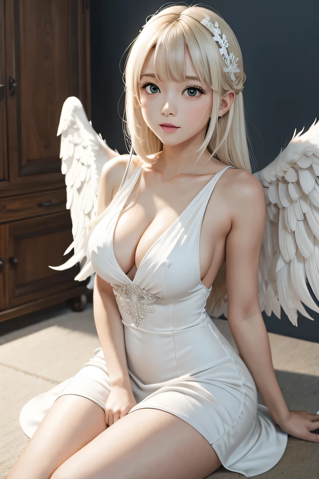 arms down, elbow squeeze, breasts squeezed together, btpt-fc, 1girl, sexy, cute, long white hair, (bangs), ((Wings of angels)), perfect body, ((white dress)), (((one piece dress))), ((sitting on knees)), looking at viewer, masterpiece, best quality, extremely detailed