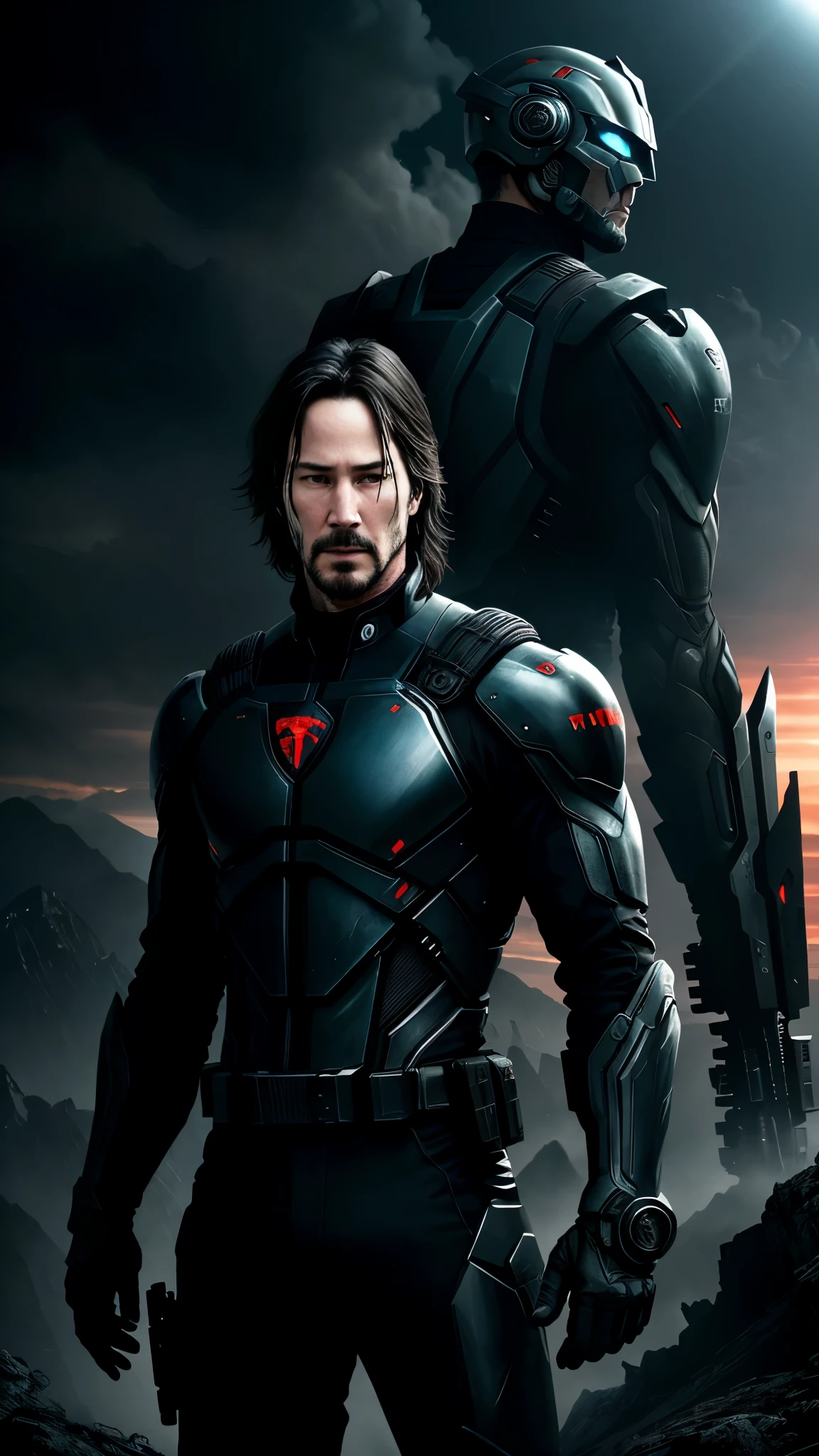 High-definition movie featuring Keanu Reeves as the main character, set in a futuristic, dystopian landscape. The protagonist, clad in a sleek, black suit, meticulously arms himself with cutting-edge weaponry and tactical gear, his eyes flickering with resolve and determination. The mood is tense, the atmosphere heavy with anticipation, as our hero stands poised on the precipice of battle, ready to defy the odds and save humanity. Shadows dance on the walls as the setting sun casts an eerie, otherworldly glow over the scene, illuminating every stark detail in this masterpiece of cinematic art. View it in 4K resolution