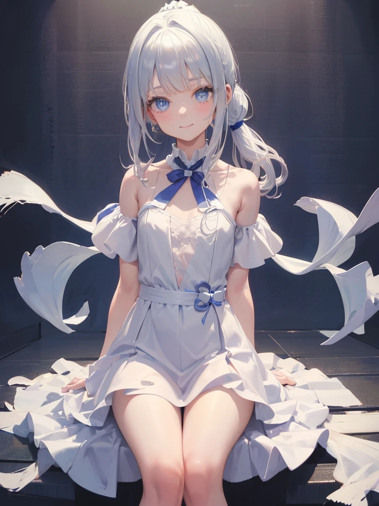 art by Cornflower,(​masterpiece),(top-quality:1.2),((perfect anatomy)),((arms behind back)),(1 girl),(flat chest),Highest quality,silver ponytail hair,blunt bangs,looking at viewer,beautiful detailed blue eyes,white capelet fashion,sitting on black chair,black interior,in dark room,be amazed,film lighting,depth of written boundary,bokeh,pastel tone,seductive smile