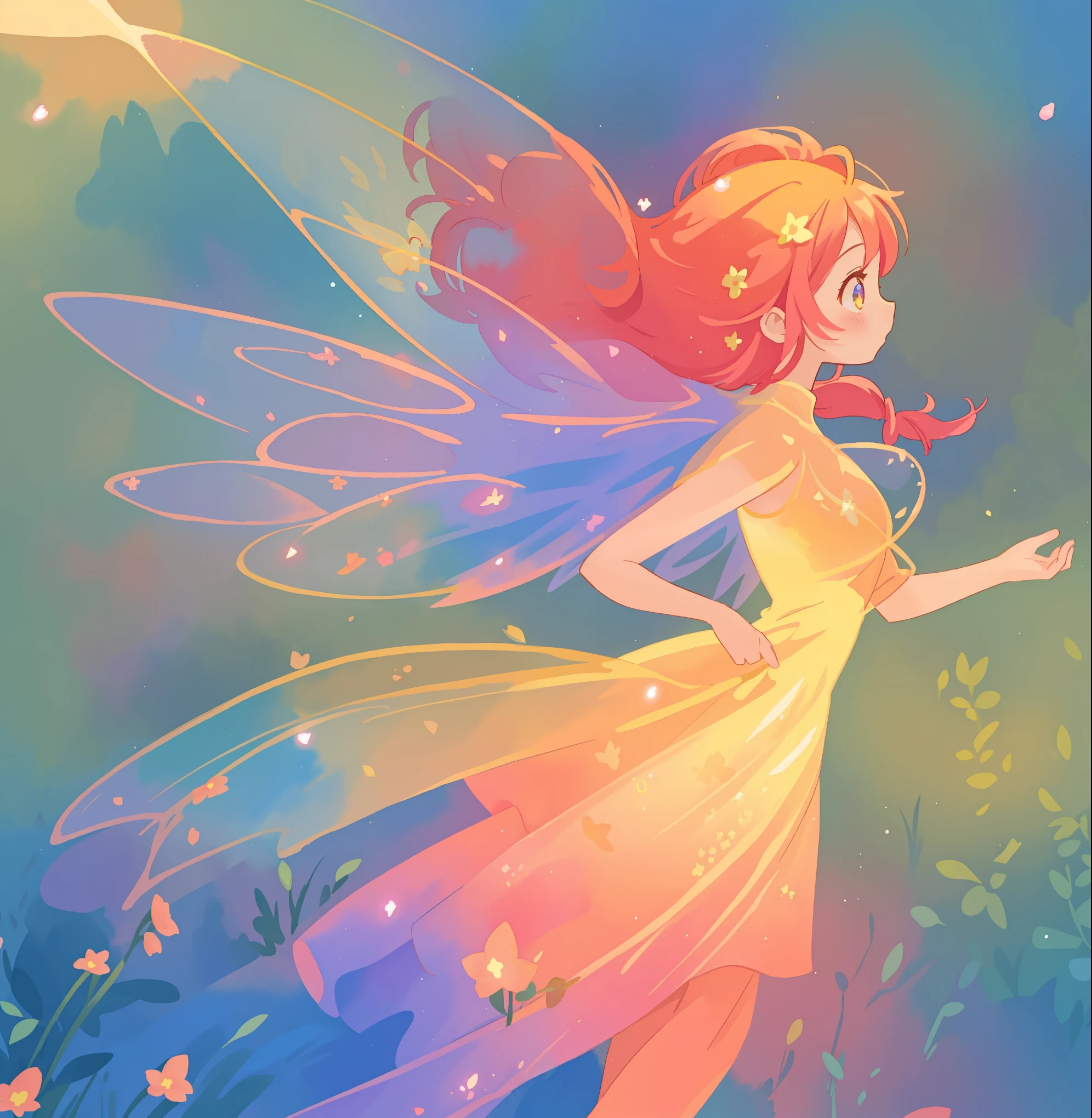 beautiful fairy girl in a sparkling layered dress, long flowing pink peach red hair, (large sparkling colorful fairy wings on her back), colorful fantasia background, flowers meadow, watercolor illustration, disney art style, glowing aura around her, glowing lights, beautiful digital illustration, fantasia otherworldly landscape plants flowers, beautiful, masterpiece, best quality, anime disney style, beautiful face, golden ratio
