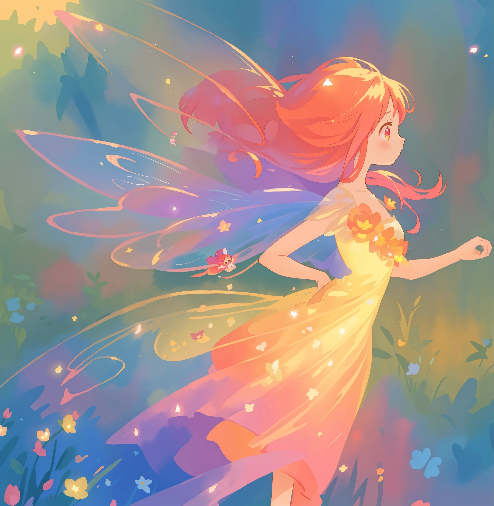 beautiful fairy girl in a sparkling layered dress, long flowing pink peach red hair, (large sparkling colorful fairy wings on her back), colorful fantasia background, flowers meadow, watercolor illustration, disney art style, glowing aura around her, glowing lights, beautiful digital illustration, fantasia otherworldly landscape plants flowers, beautiful, masterpiece, best quality, anime disney style, beautiful face, golden ratio