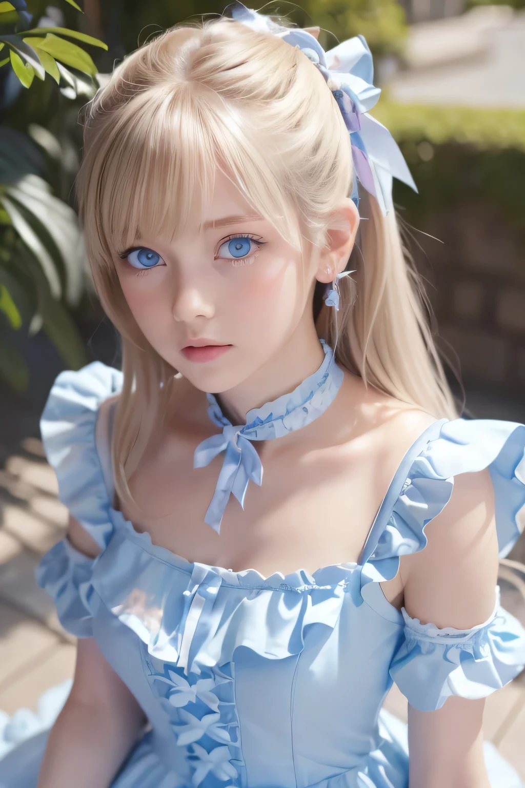 (Ultra-detailed), Cute light blue princess dress,(Frill dress),(Short sleeve),blue eyes,Upper Body、Close-up、face、Cute smile,Facing forward, 20-year-old, Teenage Girl,No tail,(No tail),2D, masterpiece, highest quality, And soul, Detailed Eyes, Big, bright, light blue eyes that shine beautifully、Detailed face, With a girl, Only one person,Blonde super long hair, (Blonde),  Ear hair, , Single Blade, (Single Blade), (Side Blade), Pink ribbon, Ribbon on neck, (White sleeves), Background bokeh