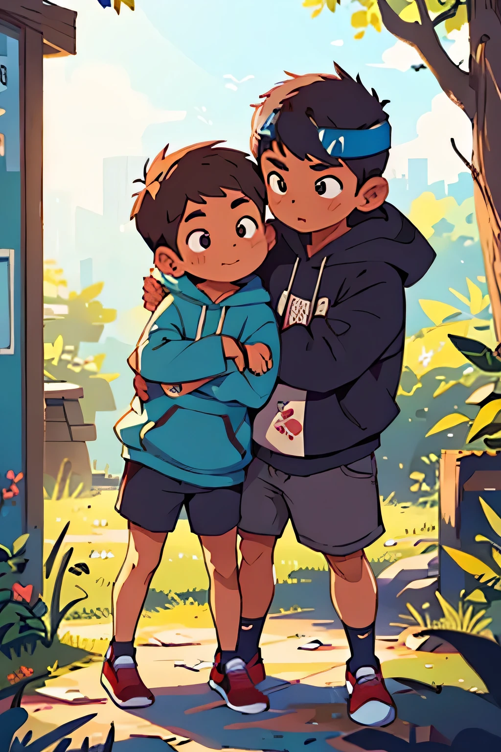 two guys, sweet, twunk, sleeveless hoodie, hug