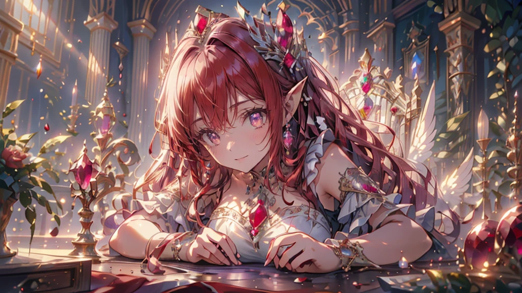 (masterpiece, Extremely detailed, exquisite, beautiful, Full HD, High resolution, disorganized), soft edge, soft lines, woman, charming princess, goblin, Happy, fun, smile, looking at the viewer, wavy hair, medium hair, Big eyes, white skin, beautiful breasts, slim, ruby crown, ruby earrings, ruby choker, with wings, white background, Objects with a ruby motif,From before, dynamic angle, shining light, dramatic lighting, warm lighting, soft lighting, Depth of the bounds written, fantasy, beautiful, dreamy atmosphere, (white and light red ball gown dress:1.1, pure white lace and frills,Dress with ruby motif), light red hair, purple eyes