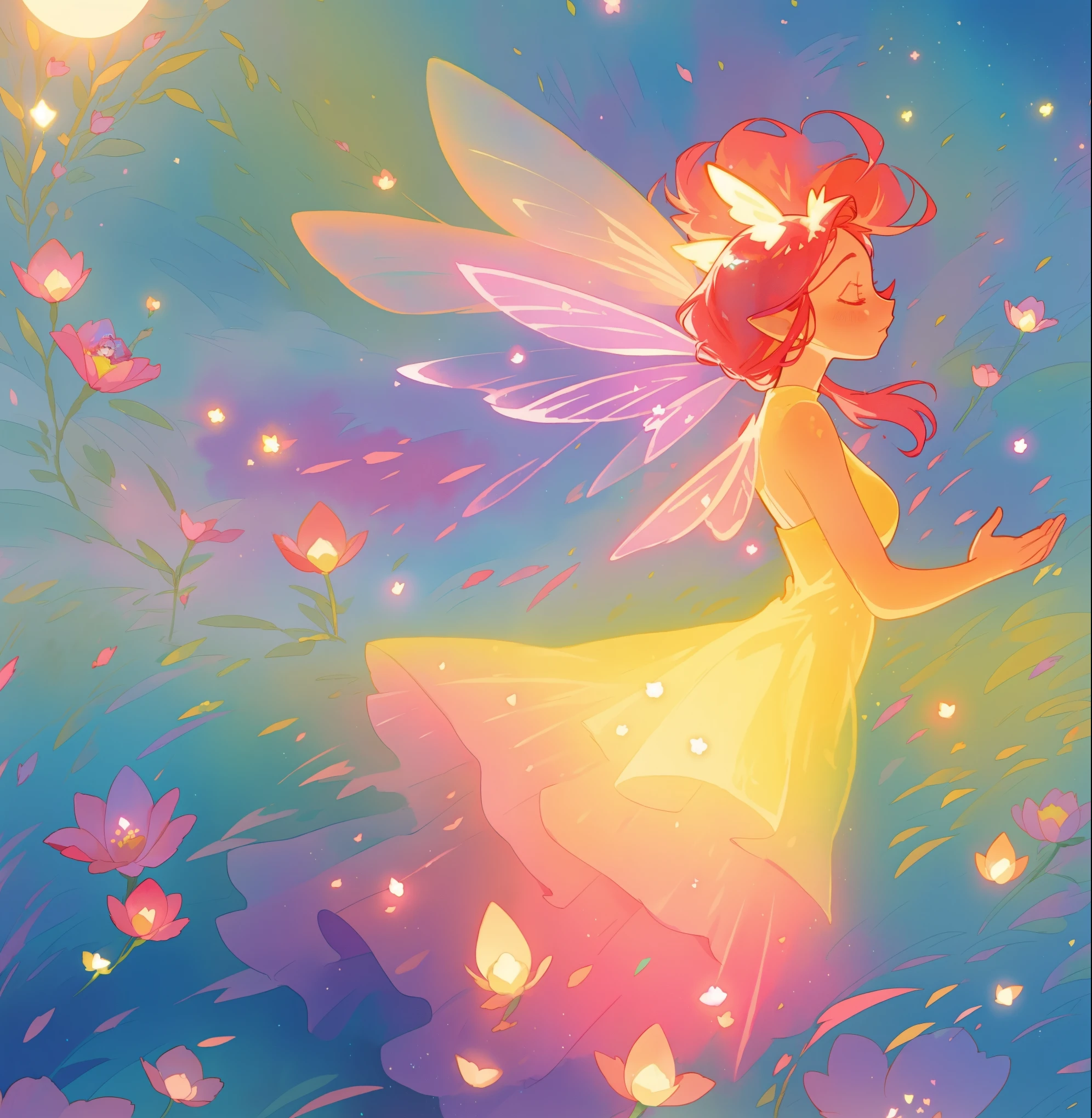 beautiful fairy girl in a sparkling layered dress, long flowing pink peach red hair, (large sparkling colorful fairy wings on her back), colorful fantasia background, flowers meadow, watercolor illustration, disney art style, glowing aura around her, glowing lights, beautiful digital illustration, fantasia otherworldly landscape plants flowers, beautiful, masterpiece, best quality, anime disney style, beautiful face, golden ratio