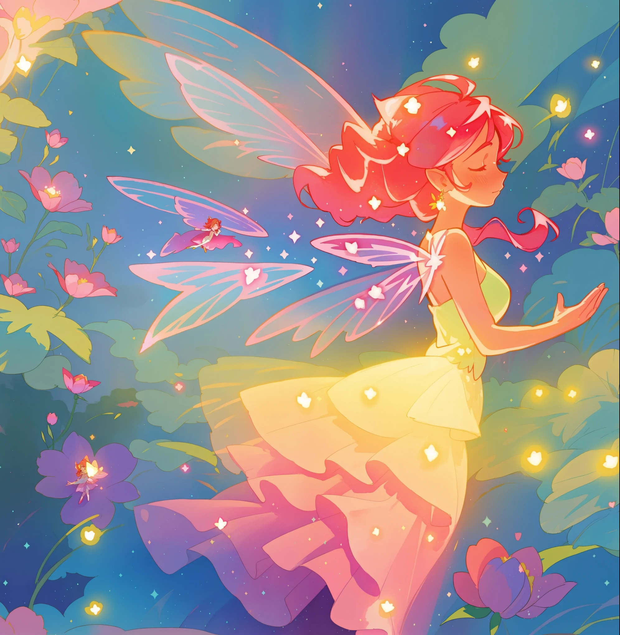 beautiful fairy girl in a sparkling layered dress, long flowing pink peach red hair, (large sparkling colorful fairy wings on her back), colorful fantasia background, flowers meadow, watercolor illustration, disney art style, glowing aura around her, glowing lights, beautiful digital illustration, fantasia otherworldly landscape plants flowers, beautiful, masterpiece, best quality, anime disney style, beautiful face, golden ratio