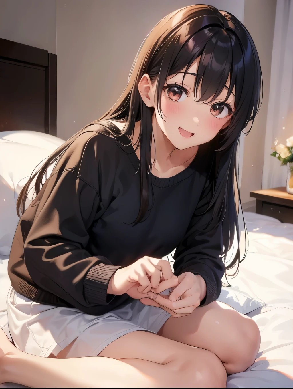Black hair that looks brown when exposed to light、Brown eyes、girl,19 years old、shining brown eyes、smile、Open your mouth、bedroom、Beautiful white duvet、Gentle lighting、Use the bed as a chair、1 person、Around 11 p.m.、Four fingers on each hand