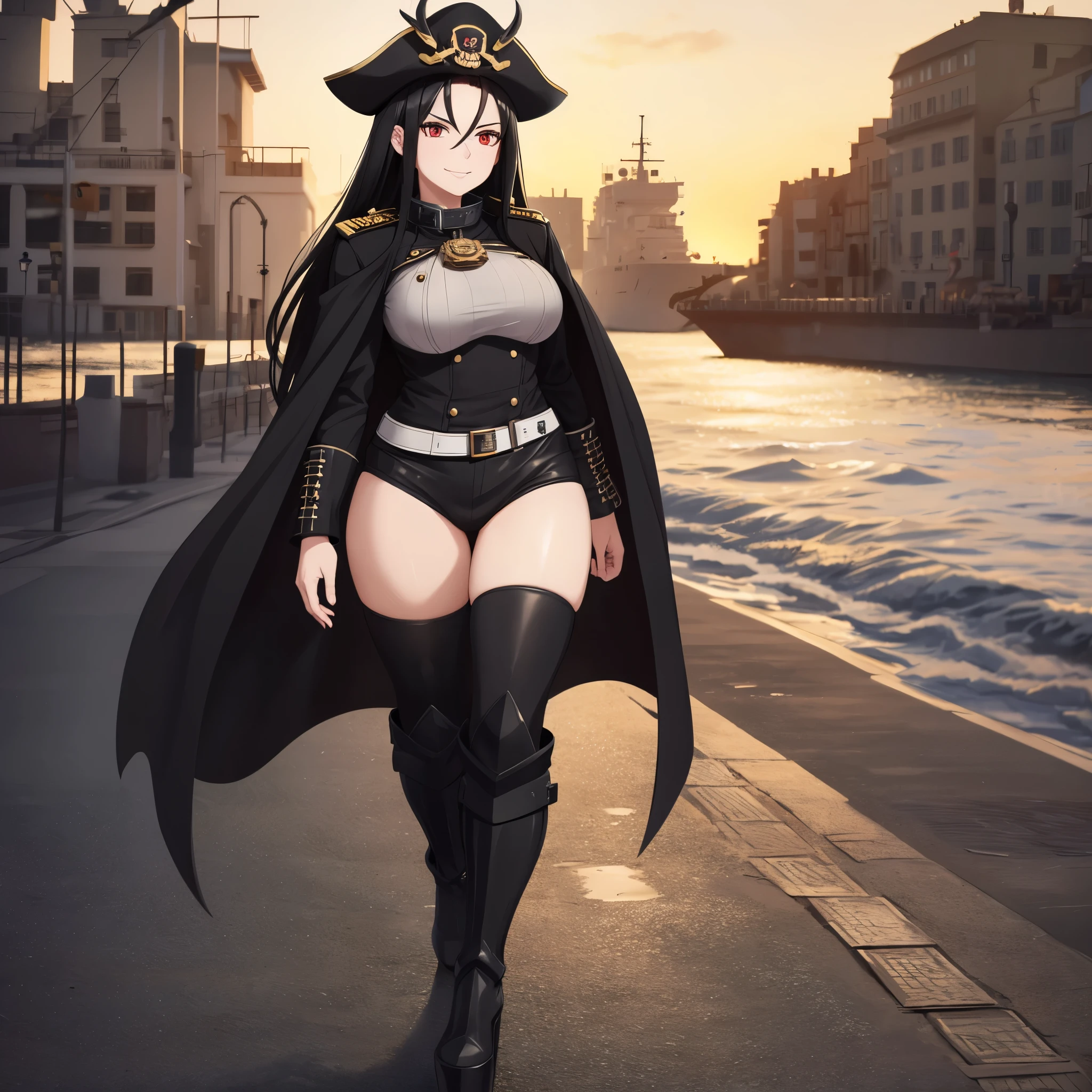 A woman wearing a black pirate captain's uniform, wearing a well-detailed black leather jacket, tight black pants, black boots, wearing a Bicorn Hat, long black hair and red eyes, wearing a black cape, smiling, full body, walking on a platform of a naval port.(solo woman), glow, drop shadow, flower, UHD, masterpiece, accurate, anatomically correct, textured skin, super detail, high quality, best quality, 8k, high resolution, bokeh effect.