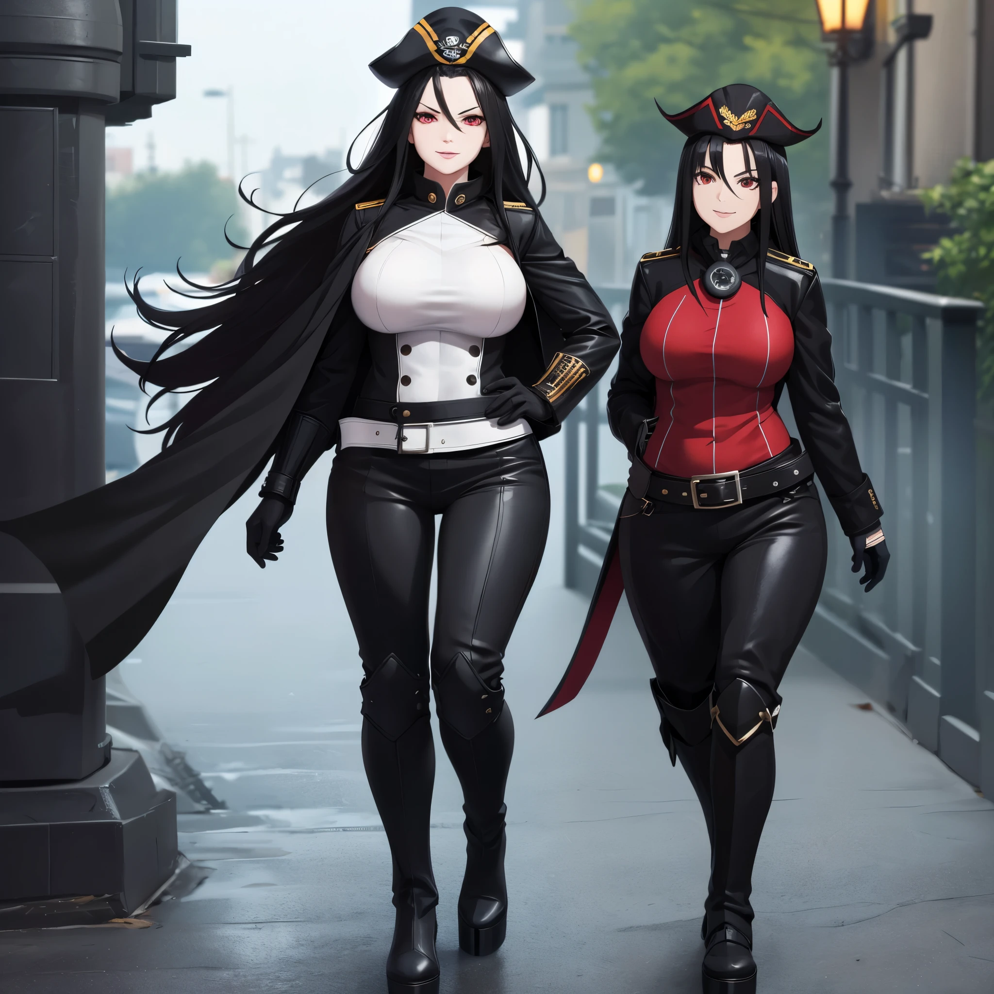 A woman wearing a black pirate captain's uniform, wearing a well-detailed black leather jacket, tight black pants, black boots, wearing a Bicorn Hat, long black hair and red eyes, wearing a black cape, smiling, full body, walking on a platform of a naval port.(solo woman), glow, drop shadow, flower, UHD, masterpiece, accurate, anatomically correct, textured skin, super detail, high quality, best quality, 8k, high resolution, bokeh effect.