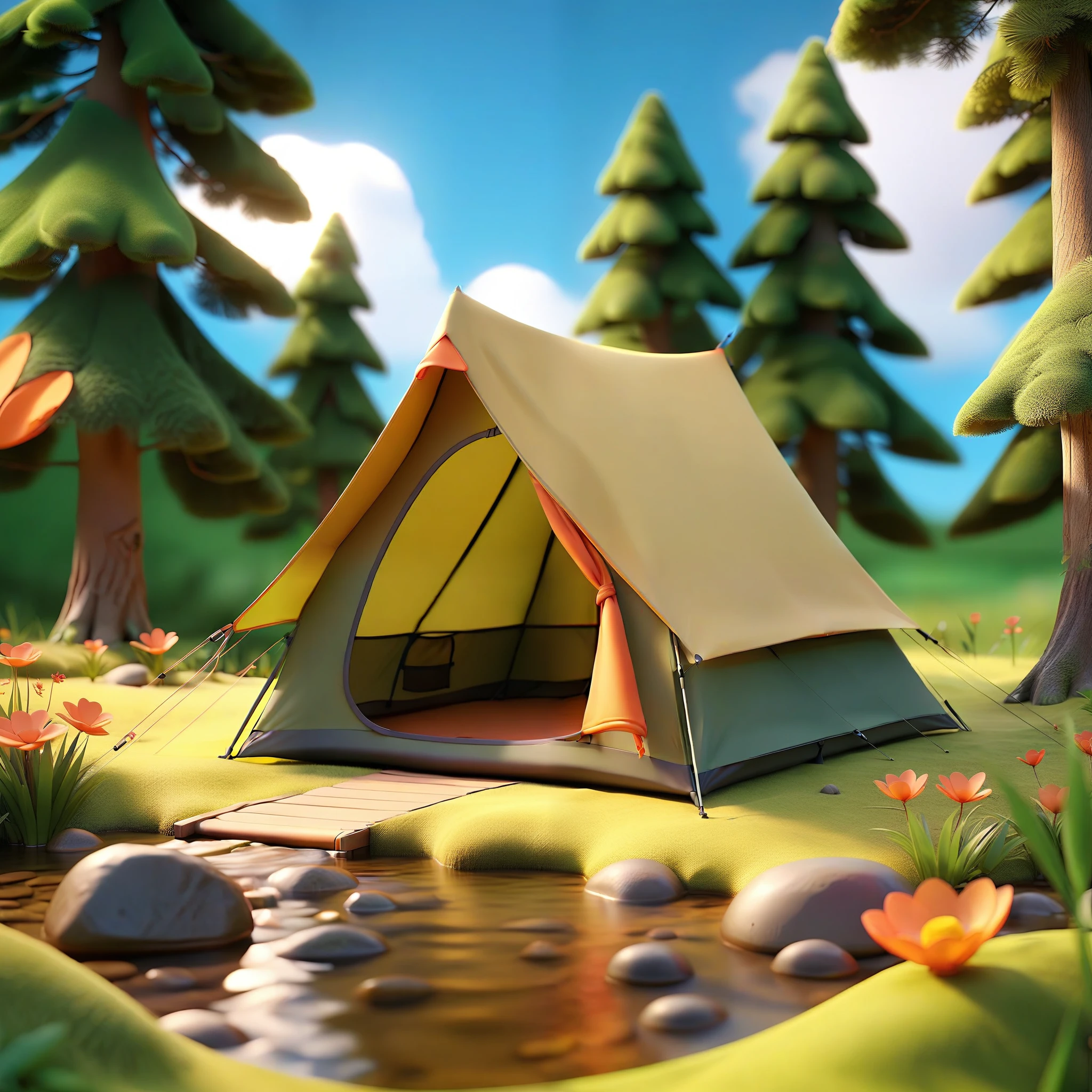 3D scene,3D,C4D,8k,(masterpiece, top quality, best quality, official art,((no text:1.5)),natural, unmanned, outdoor, forest, camping, scenery, flowers, tent, sky, grass, water, plants, leaves, trees, green theme, sunshine, camping tent, warm color sunshine,,