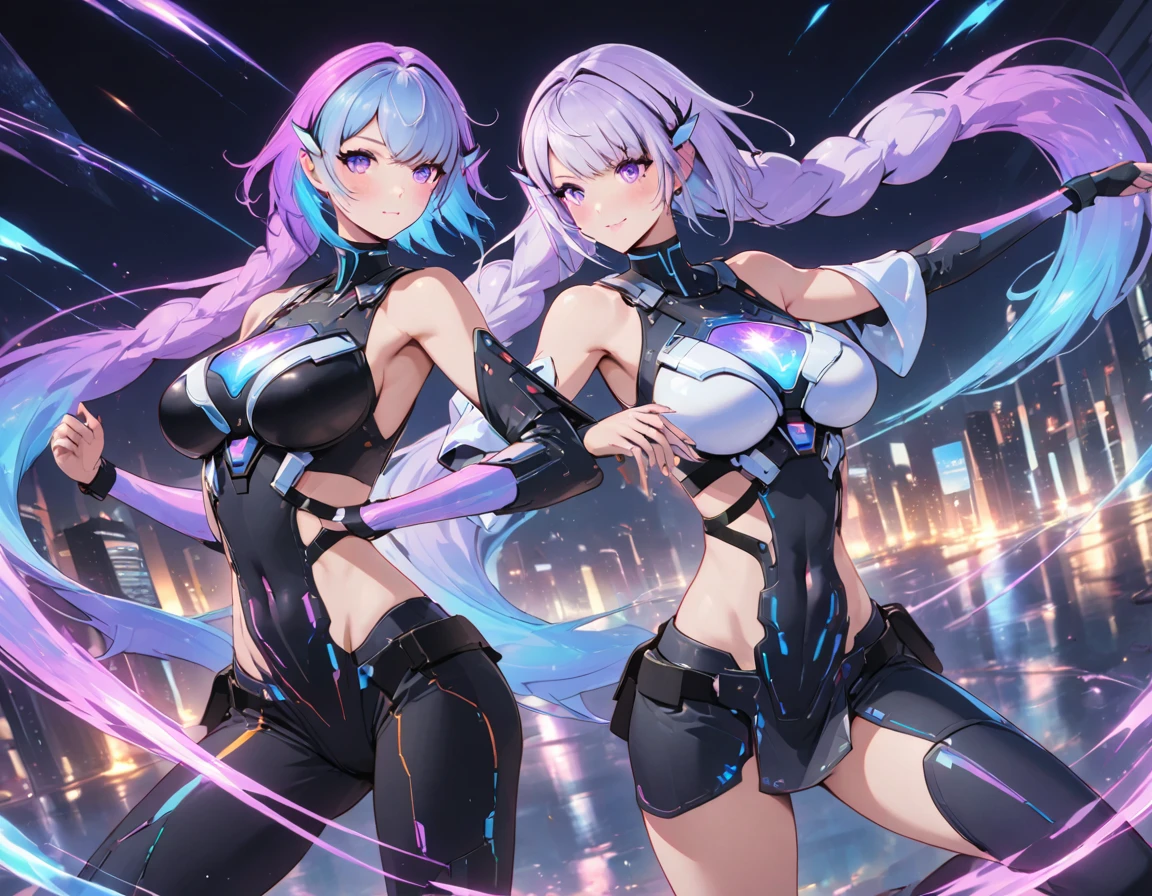 (((((heterosexual couple)))):future),((happy couple)),((a couple where the man is taller than the woman)),Couple with different color compositions,((Couples with different physiques and clothing)),A scene where they are fighting together,attack style,dynamic pose,Vibrant colors like digital art,cyber city background,cyber style,science fiction,scientific,((Neon colored lights intersect)),digital space,energy,((beautiful)),holography,anime style illustration,Fusion of digital art and color illustrations,flash,lively,very colorful,magic,rich colors,Beautiful light lines.,sparkling,beautiful light grains,cyber girl and cyber boy,(((Short haired man: Pointy blue haired man: Cyberboy))),(((Woman with purple pigtails: Cyber Girl))),great composition,best configuration,(anatomically correct),BREAK,(((Female details: A woman wearing (Cyber Girl's black and white purple costume): A woman with very long purple pigtails: Cryptic Girl))),BREAK,((Male details: Man wearing (Cyber Boy's black costume))),BREAK,Kindness,(anatomically correct),Highest quality,great quality,16k,incredibly absurd,very detailed,detailed and beautiful eyes,smooth and beautiful skin,Beautiful hair with shiny details,Draw carefully to the details,Complex gradations like watercolors,Brightly colored,great color balance,happy dream,zentangle elements,rendering,chant colorful spells,((Glitter)),Hologram processing,fantastic,magic effect,scientific effects,Place fine particles of light,Carefully draw the face line,attractive,natural makeup