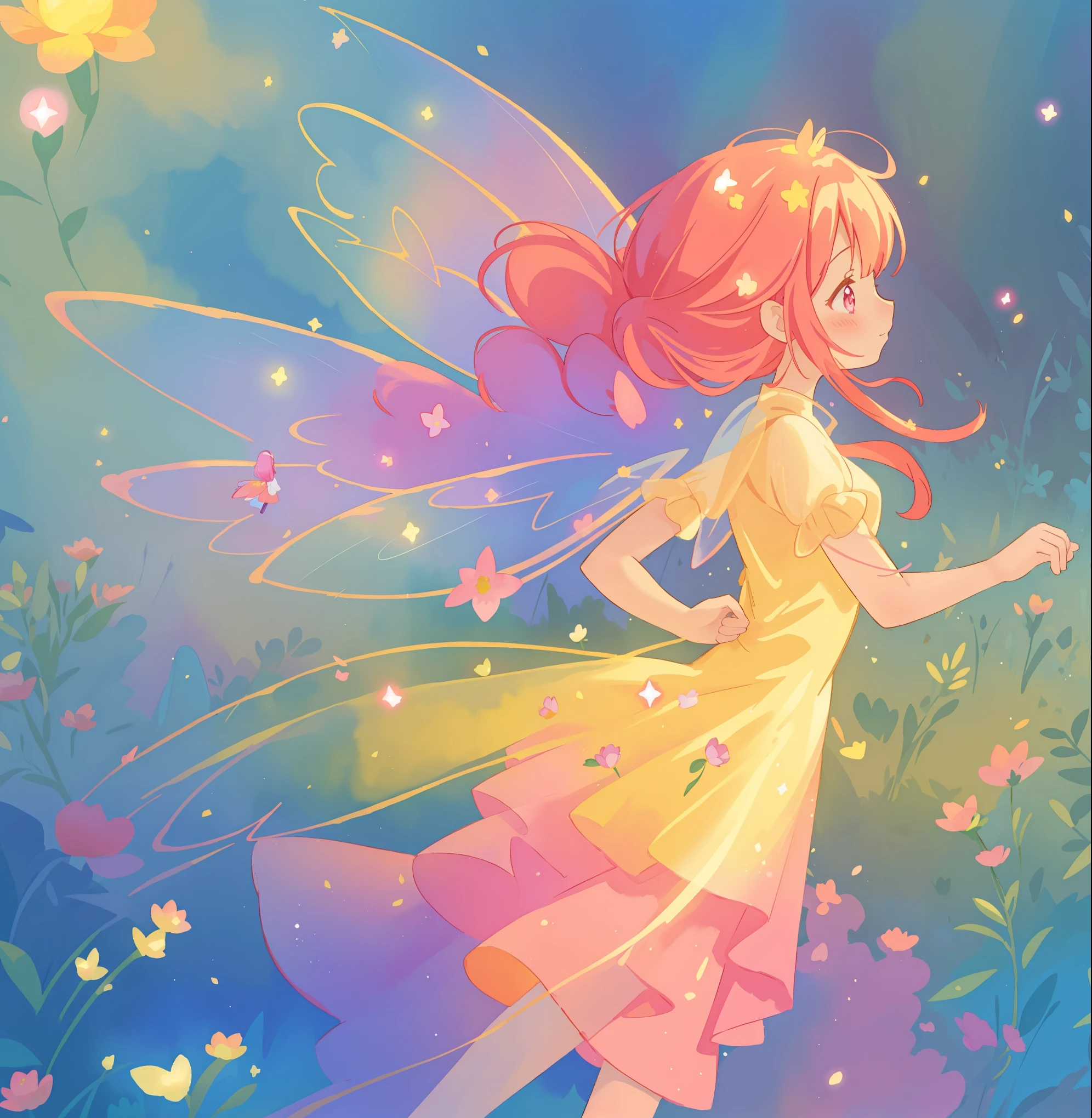 beautiful fairy girl in a sparkling layered dress, long flowing pink peach red hair, (large sparkling colorful fairy wings on her back), colorful fantasia background, flowers meadow, watercolor illustration, disney art style, glowing aura around her, glowing lights, beautiful digital illustration, fantasia otherworldly landscape plants flowers, beautiful, masterpiece, best quality, anime disney style, beautiful face, golden ratio