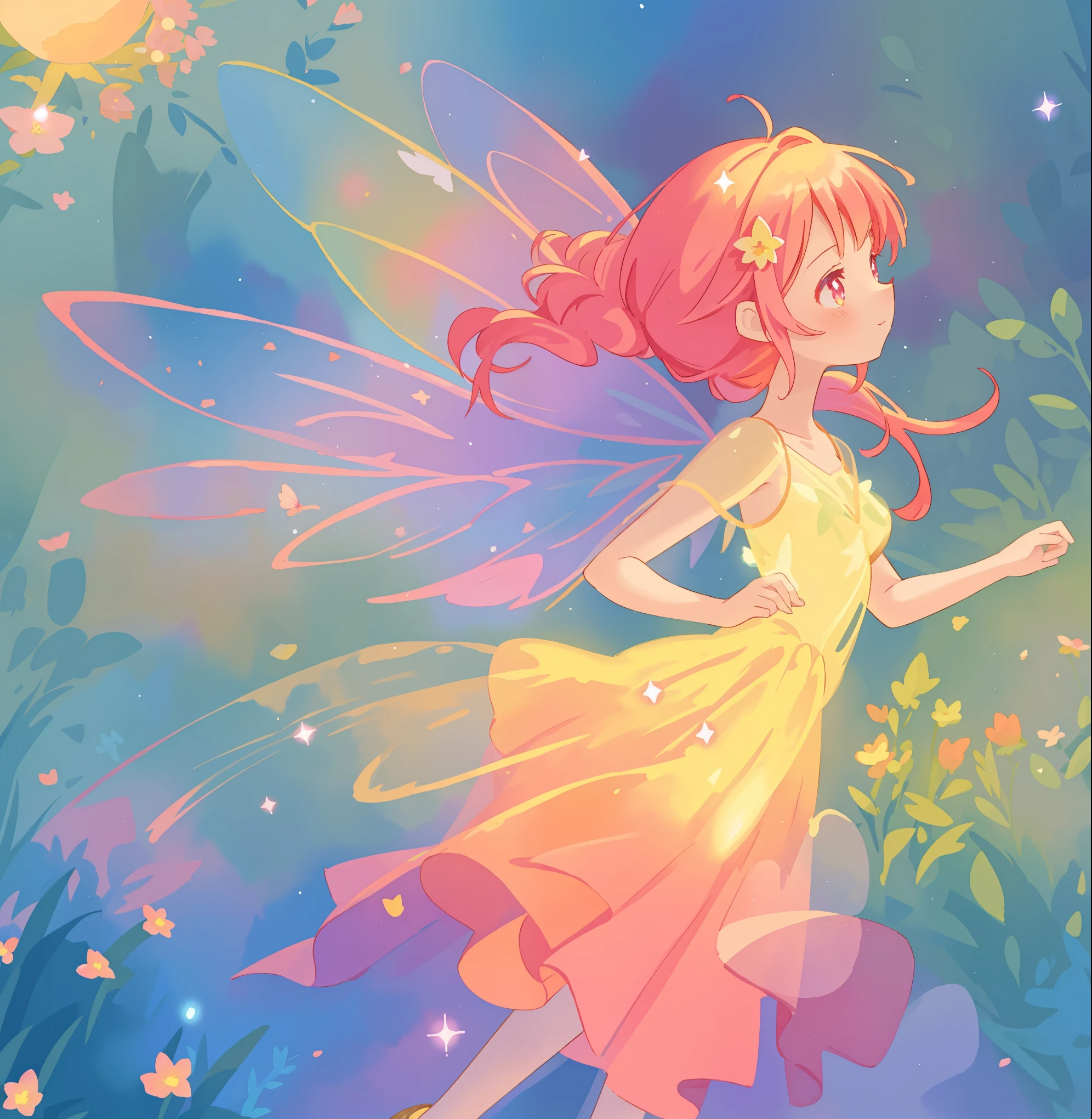 beautiful fairy girl in a sparkling layered dress, long flowing pink peach red hair, (large sparkling colorful fairy wings on her back), colorful fantasia background, flowers meadow, watercolor illustration, disney art style, glowing aura around her, glowing lights, beautiful digital illustration, fantasia otherworldly landscape plants flowers, beautiful, masterpiece, best quality, anime disney style, beautiful face, golden ratio
