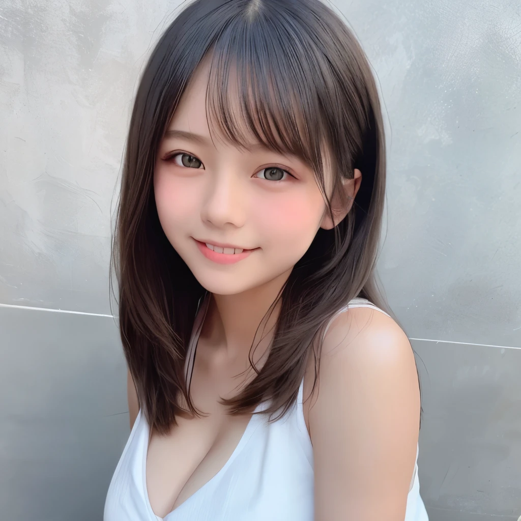 (top-quality、​masterpiece), 1 Beautiful 13 Year Old Ultimate Cute Beautiful Girl、, elementary school girl, A smile、Mouth slightly open、、Shyness、red blush、Japan  summer uniform,toppless、cleavage of the breast、Bright background,The upper part of the body、 Jade Eyes、big sized breasts, black and very long hair、bangss、Highly detailed facial and skin texture、Realistic human skin、Reality、photos realistic、Professional color correction、natural soft light、looking at the viewers, depth of fieldodel shoot tyle、Sleeveless、Show shoulders、