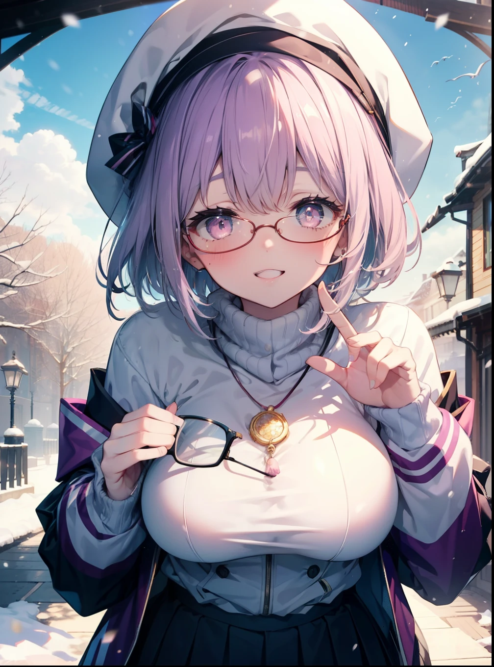 akaneshinjou, shinjou akane, Light purple hair, (Pink Eyes:1.2), short hair,Akagi glasses,hair band,Rocket Pendant,White Breath,Big Breasts,Purple Coat,White Sweater,happy smile, smile, Open your mouth,Black long skirt,Red muffler,Knitted hat,Daytime,cloudy,snow,snowが降り積もっている,whole bodyがイラストに入るように,Looking down from above,
 break looking at viewer,whole body,               　　　　　　　 break outdoors 森, nature, 　　　　　　　　　　　break (masterpiece:1.2), highest quality, High resolution, unity 8k wallpaper, (shape:0.8), (Beautiful and beautiful eyes:1.6), Highly detailed face, Perfect lighting, Highly detailed CG, (Perfect hands, Perfect Anatomy),