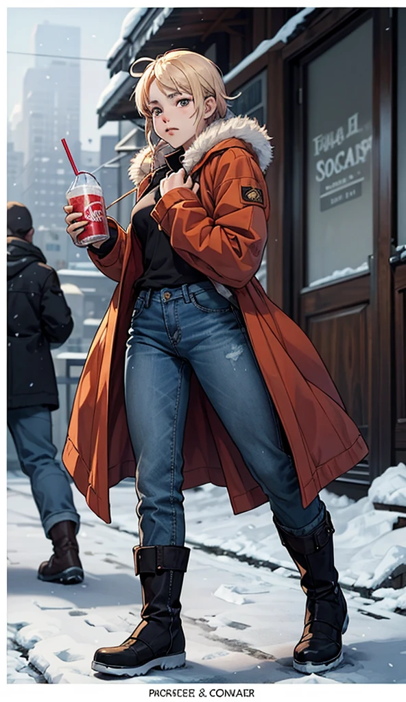 portrait mode hands anime style study reference to draw drinking a soda and eating with a winter coat and winter boots and short jeans