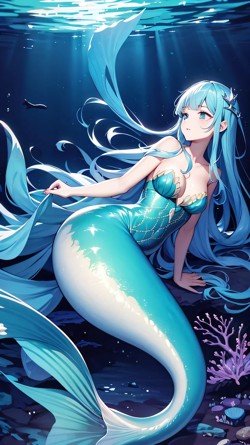 Mermaid swimming gracefully in the sea, Blue Scale, The area under the shoulders is covered with fine scales, silber hair, Earlobes are fins, Scale arm cover that sticks to your skin, elegantly spread caudal fin