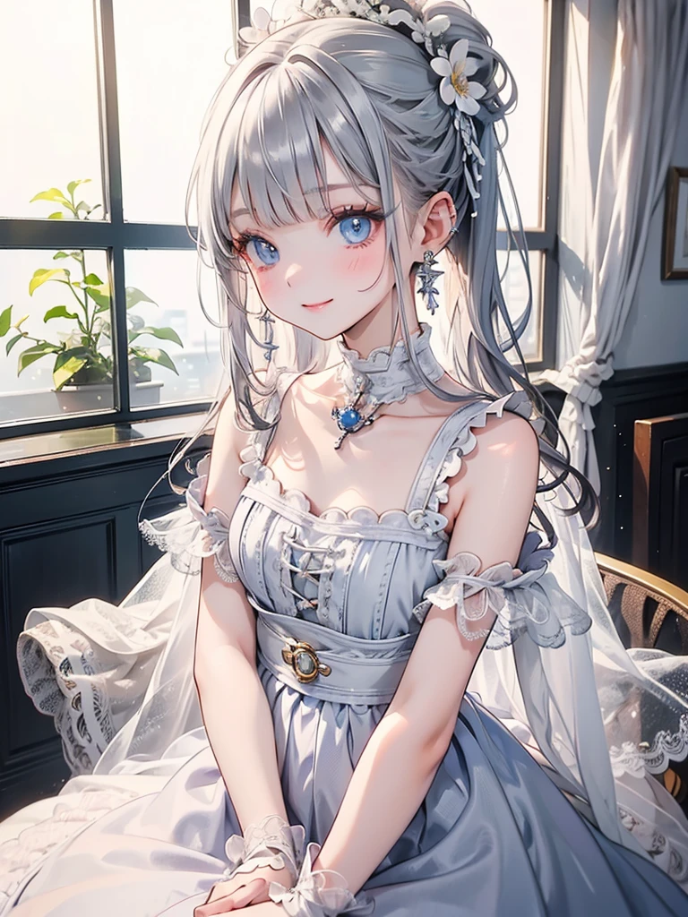 art by Cornflower,(​masterpiece),(top-quality:1.2),((perfect anatomy)),((arms behind back)),(1 girl),(flat chest),Highest quality,silver ponytail hair,blunt bangs,looking at viewer,beautiful detailed blue eyes,white capelet fashion,sitting on black chair,black interior,in dark room,be amazed,film lighting,depth of written boundary,bokeh,pastel tone,seductive smile