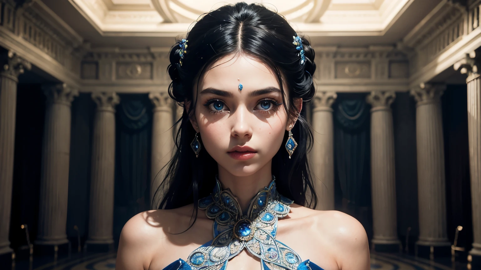 35mm film, solo, updo, makeup, blue eyes, , (Princess dress), looking at viewer, ((palace ballroom)) upper body, epiCPhoto, intricate lines, intriguing atmosphere, sharp magnificent details, delicate features, elaborate details, beautiful girl, black hair, (((long hair))) twenty year old woman, ((upper body)) (Acne), ((natural lighting))
