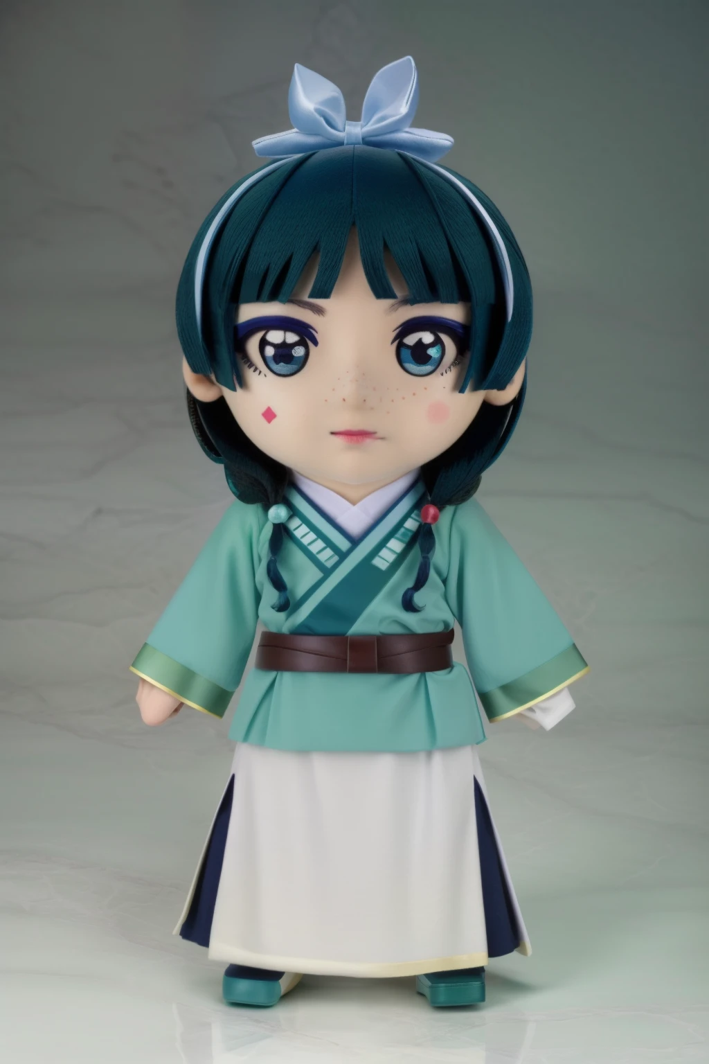 smile, standing, maomao,1girl,blunt bangs,green hair,long hair,blue eyes,solo, gonvgreen,sidelocks,twin braids,hair over shoulder,hair beads,half updo,single hair bun,hair ribbon,blue ribbon,freckles,hanfu,green Chinese clothes,long sleeves,wide sleeves,purple skirt,long skirt,shoes,, Exquisite visuals, high-definition,masterpiece,best quality,, 18yo,Young female,Beautiful Fingers,Beautiful long legs,Beautiful body,Beautiful Nose,Beautiful character design, perfect eyes, perfect face,expressive eyes, official art,extremely detailed CG unity 8k wallpaper, perfect lighting,Colorful, Bright_Front_face_Lighting,shiny skin, (masterpiece:1.0),(best_quality:1.0), ultra high res,4K,ultra-detailed, photography, 8K, HDR, highres, absurdres:1.2, Kodak portra 400, film grain, blurry background, bokeh:1.2, lens flare, (vibrant_color:1.2), (beautiful_face:1.5),(narrow_waist), fumo \(doll\), fullbody