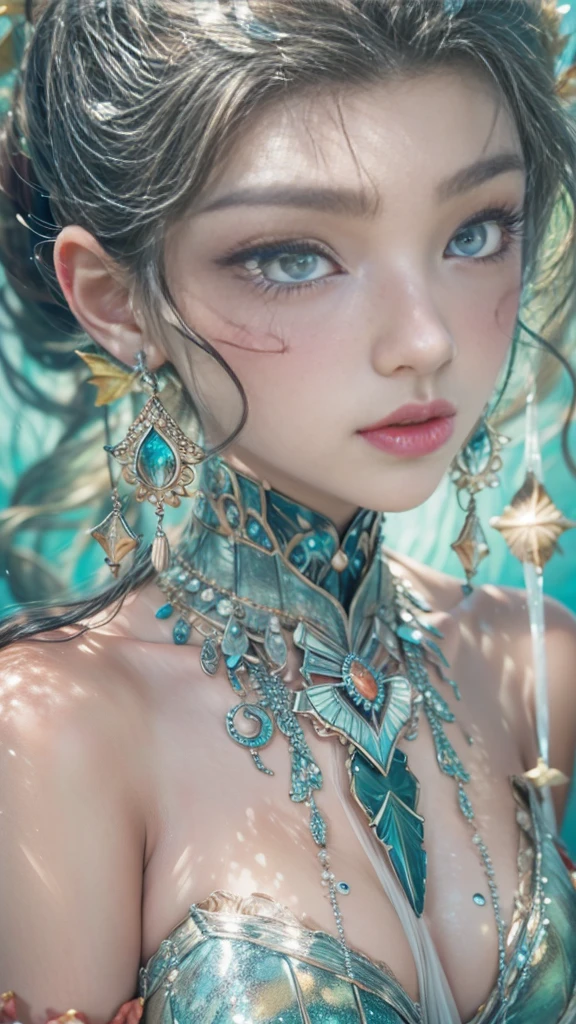 (RAW shooting, 32k, highest quality, masterpiece, Ultra-high resolution), (Under the sea at night:1.0, Dramatic moonlight:0.7, Mysterious underwater world:1.3, Expressions of sadness:1.0), Fractal Art:1.2, Perfect dynamic composition:1.2, Very detailedな肌と顔の質感:1.2, Beautiful shell and coral decoration, Surrounded by lots of colorful fish, Rich underwater vegetation, (Viewing the subject from a distance:1.3, Dynamic flow of water waves:1.2, Slim mermaid figure:1.0, Shimmering Scales, Mermaid tail), Fair skin, Incredibly slim body:1.0, Very beautiful face, Water droplets on the skin, Very detailed, Gorgeous silver shiny dress portrait, Big eyes that exude beauty, Beautiful big lips, Elegant and refined, Unreal atmosphere, necklace, Earrings, bracelet