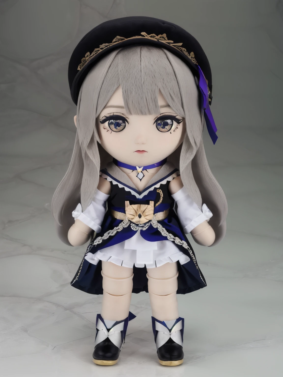 masterpiece, best quality, hd, aaherta, realistic, cosplayer, long hair, grey hair, hair flower, beret, black headwear, joints, choker, key, sailor collar, shoulder cutout, white dress, detached sleeves, standing, fumo \(doll\)