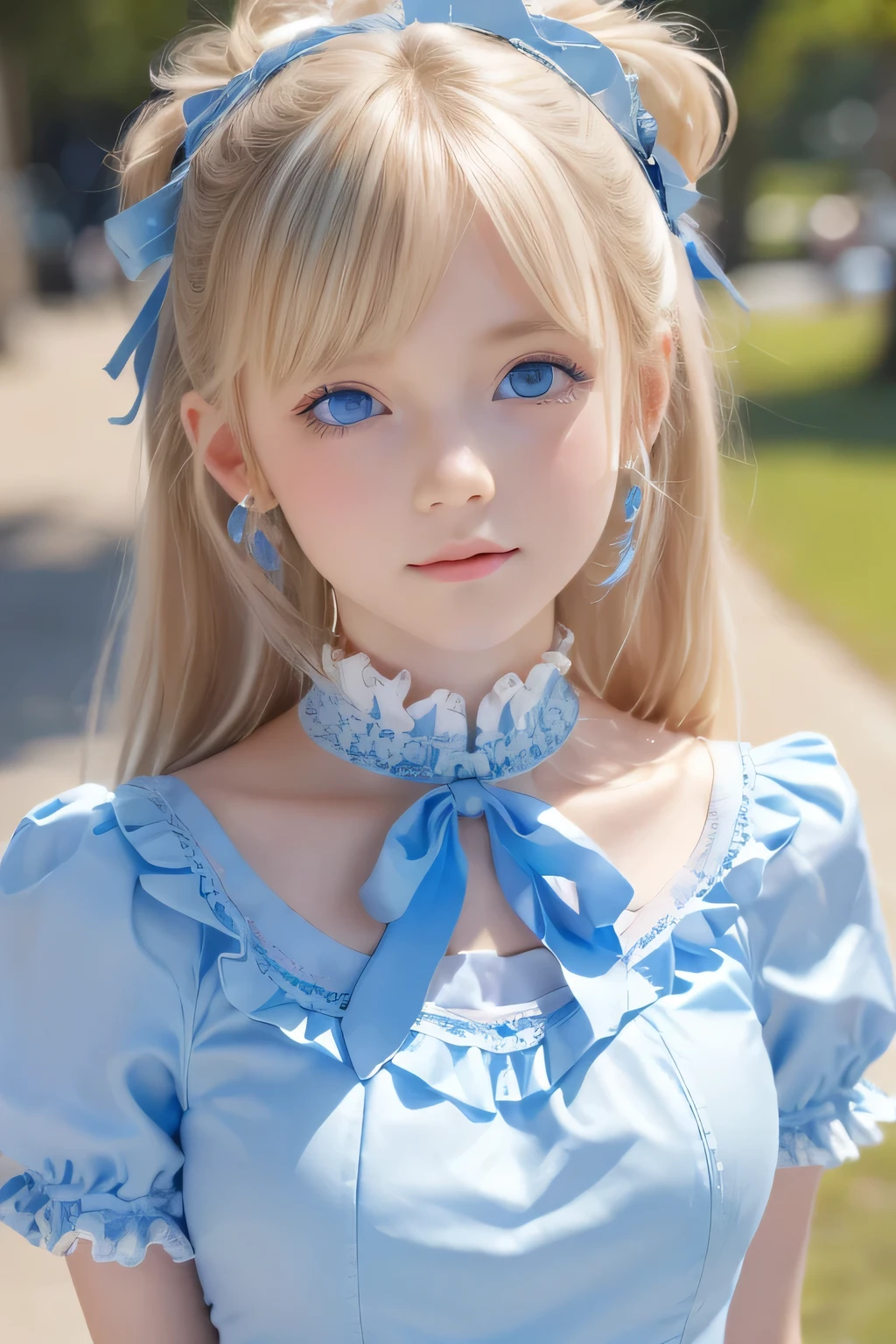 (Ultra-detailed), Cute light blue princess dress,(Frill dress),(Short sleeve),blue eyes,Upper Body、Close-up、face、Cute smile,Facing forward, 20-year-old, Teenage Girl,No tail,(No tail),2D, masterpiece, highest quality, And soul, Detailed Eyes, Big, bright, light blue eyes that shine beautifully、Detailed face, With a girl, Only one person,Blonde super long hair, (Blonde), Ear hair, , Single Blade, (Single Blade), (Side Blade), Pink ribbon, Ribbon on neck, (White sleeves), Background bokeh