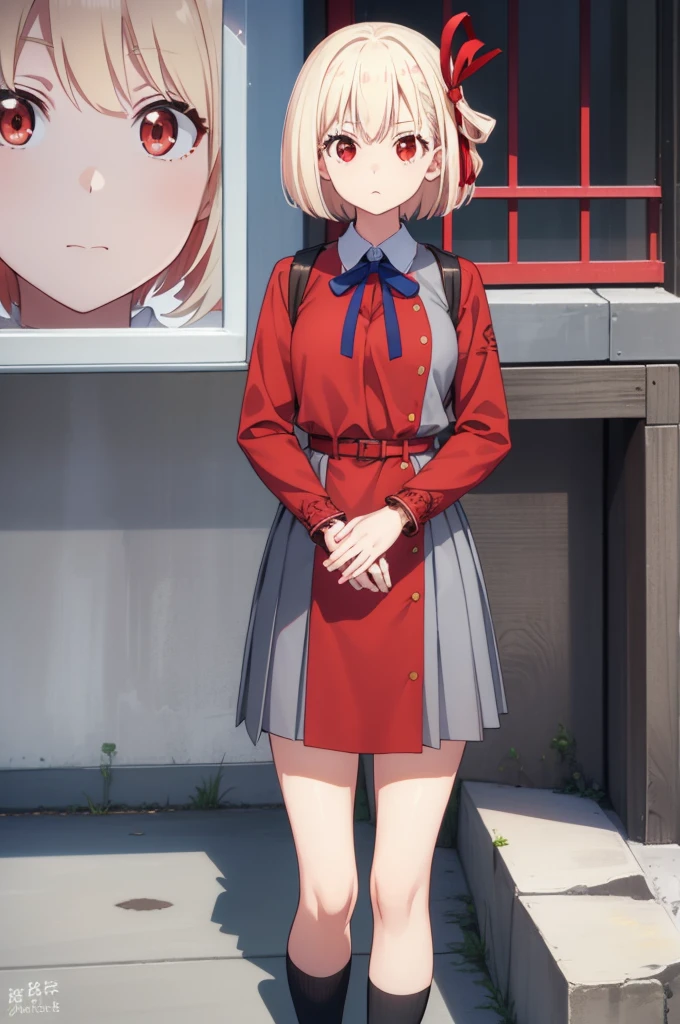 1girl 、Standing in front of the viewer、chisatonishikigi, nishikigi chisato, short hair, bangs, Blonde Hair, (Red eyes:1.5), hair ribbon, One side up, Bobcut,Black knee-high socks、Black coin loafers、
break shirt, Long sleeve, dress, ribbon, White shirt, Collared shirt, belt, neck ribbon, red dress, blue ribbon, pleated dress, grey dress, two-tone dress, red belt, Uniform sake,,
break outdoors, city,
break looking at viewer, break (masterpiece:1.2), highest quality, High resolution, unity 8k wallpaper, (figure:0.8), (Beautiful fine details:1.6), Highly detailed face, Perfect lighting, Highly detailed CG, (Perfect hands, Perfect Anatomy),