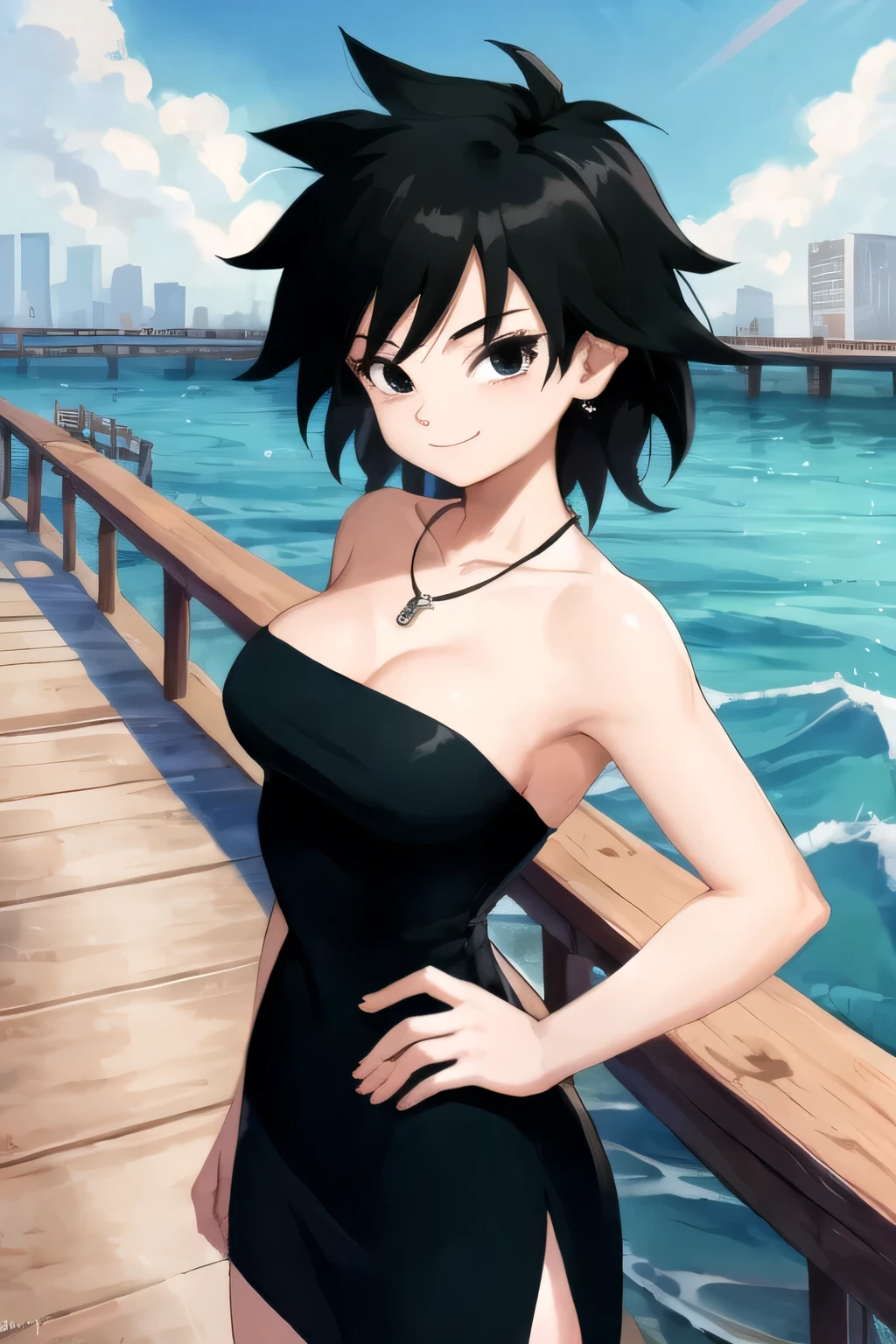 gine, 1girl, sunlight, solo, closed, blue sky, black hair, black eyes, city, bare shoulders, medium , collarbone, cowboy shot, short hair, looking at viewer, smile, looking at viewer, spiked hair, strapless black tube dress, necklace, pier, docks, left hand on hips, standing up