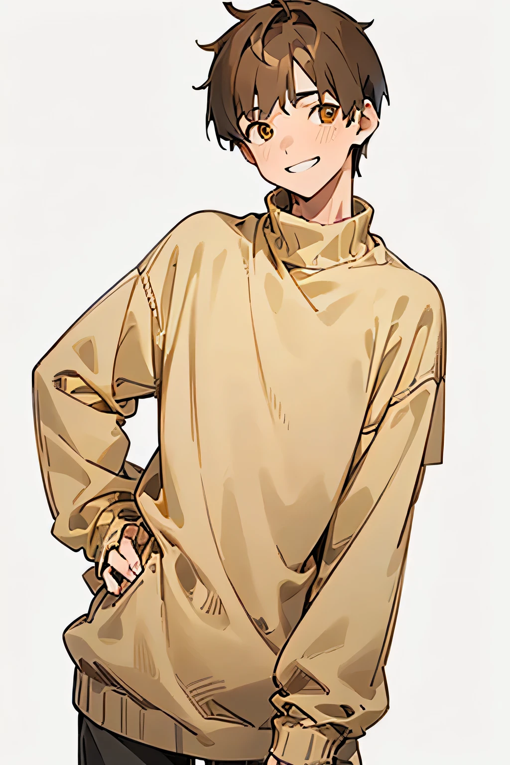 best quality , detailed , ( 1 boy:1.3 ) , boy focus , ( lightbrown hair ) , (( short length two block hair )) , bangs , ( male face:1.3 ) , ( oversized solid yellow sweater:1.2 ) , sharp nose , ( gray boy eye:1.2 ) , smile , grin , white teeth , slim body , ( facing the front ) , (( cowboy shot:1.3 )) , ( simple background:2 ) , from front , standing upright , placing hand on own stomach