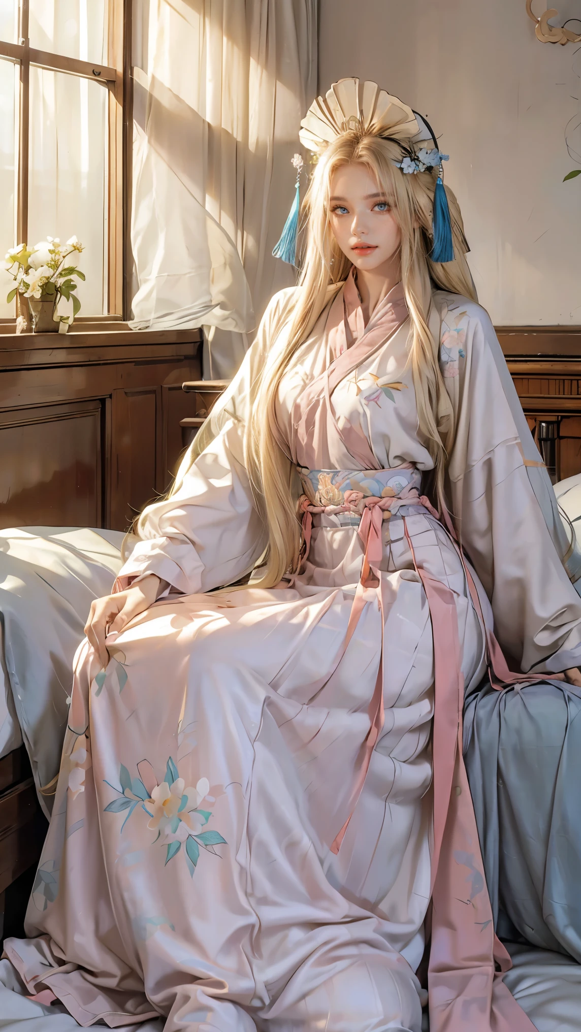 Best quality, masterpiece, ultra high res, raw photo, beautiful and aesthetic, deep shadow, fairy theme,(ultra detailed:1.3),
1girl, sitting pose, headdress, drill hair, long hair, blonde hair, gradient hair, yellow eyes, solo, huge breasts, big hair, blue hair, divine goddess, looking at viewer, indoors, modern bedroom, room full of curtain, astraea, full body, floral print, (pink print chinese shirt),(white print chinese long skirt),