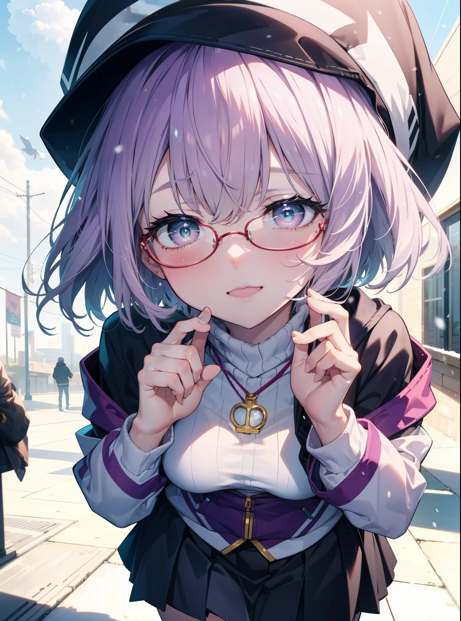 akaneshinjou, shinjou akane, Light purple hair, (Pink Eyes:1.2), short hair,Akagi glasses,hair band,Rocket Pendant,White Breath,Big Breasts,Purple Coat,White Sweater,happy smile, smile, Open your mouth,Black long skirt,Red muffler,Knitted hat,Daytime,cloudy,snow,snowが降り積もっている,whole bodyがイラストに入るように,Looking down from above,
break looking at viewer,whole body, break outdoors 森, nature, break (masterpiece:1.2), highest quality, High resolution, unity 8k wallpaper, (shape:0.8), (Beautiful and beautiful eyes:1.6), Highly detailed face, Perfect lighting, Highly detailed CG, (Perfect hands, Perfect Anatomy),