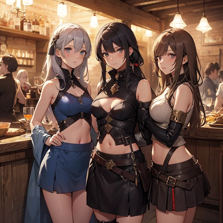 A group of  female medieval fantasy adventurers, (in tavern), various hair styles, harem, night, details face, short skirt, seducing, sleeveless, armor, midriff, bondage