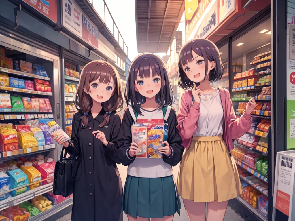 masterpiece、highest quality、High resolution、Very detailed、3 girls、、In front of the convenience store、With friends、Laughing happily、smile、evening、