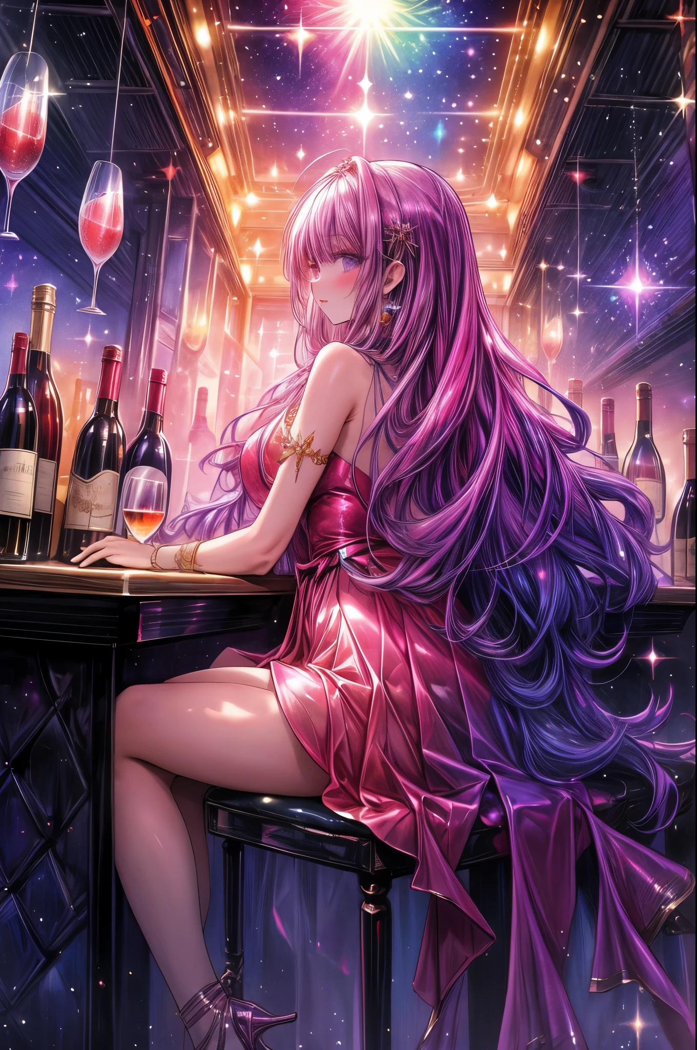 masterpiece, best quality, 1girl, Colorful sparkle surrounds the body, bar, wine, long view, fantasy, sky, nightclub, wide shot,  