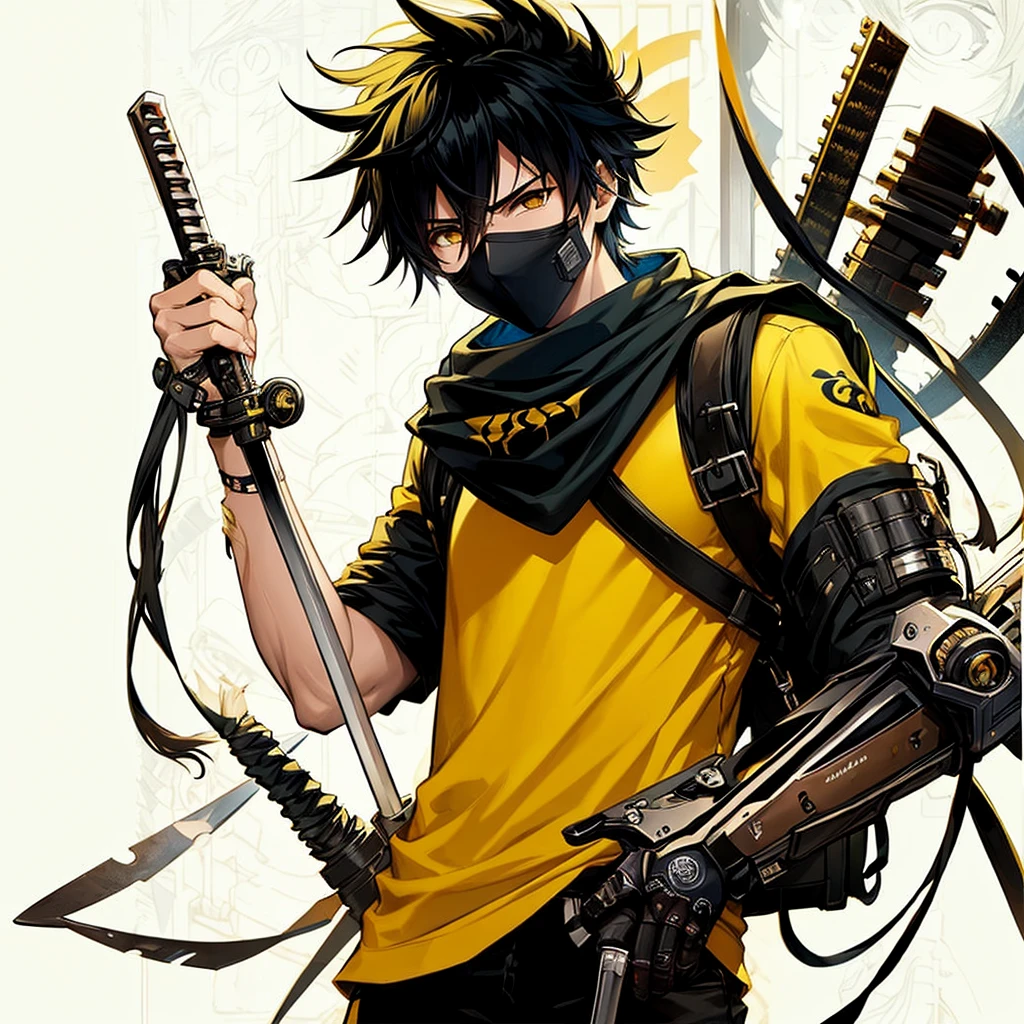 Make a ninja with a messy head, olhos vermelhos, sobretudo amarelo, camisa preta, bermuda loga e preta, com espadas em suas costas, And with a machine arm.